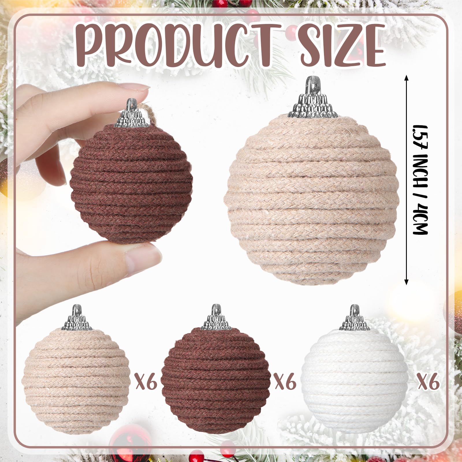 Syhood 18 Pcs 1.57 Inch Mini Christmas Ball Ornaments Boho Farmhouse Jute Rope Hanging Balls Burlap Neutral Rustic Ornaments for