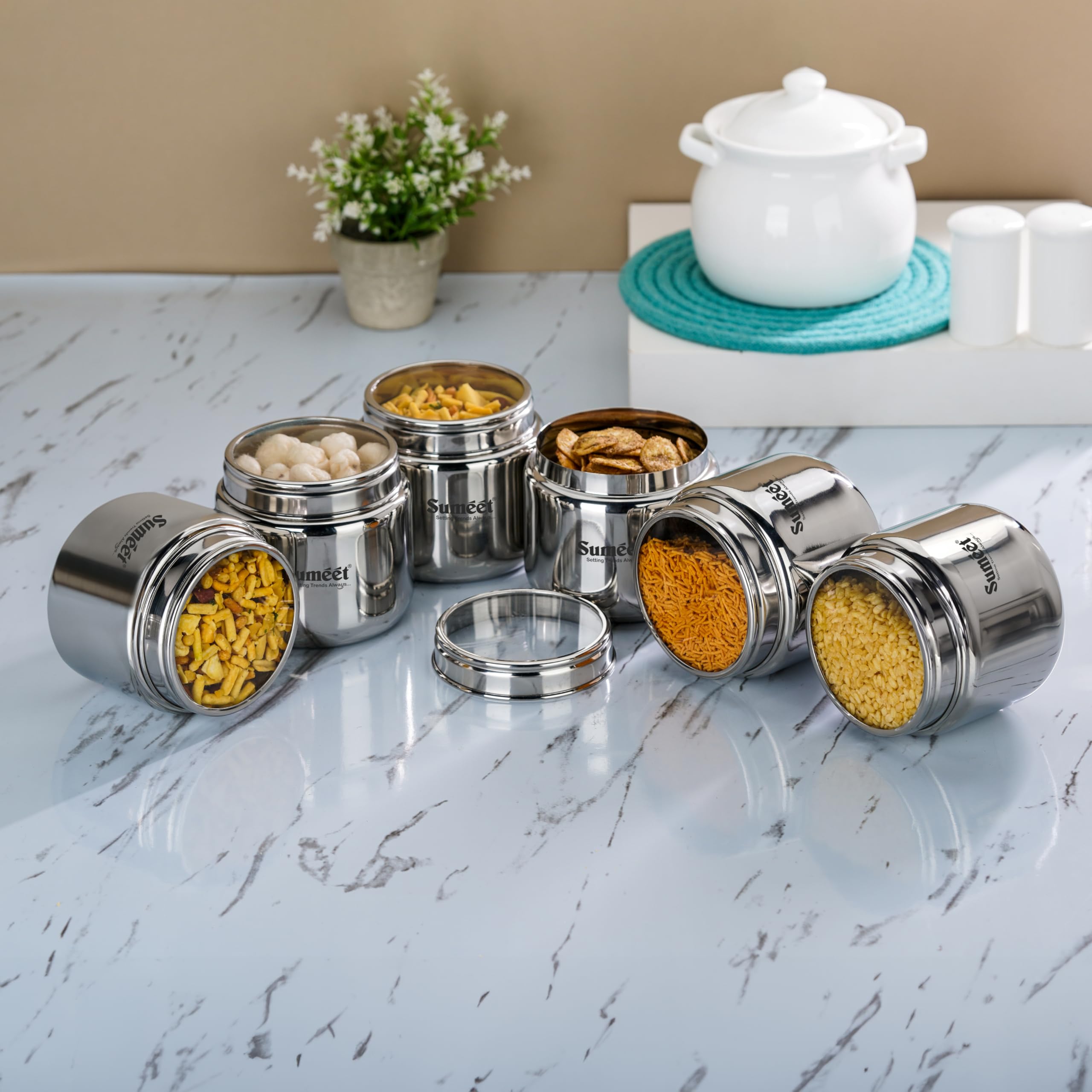 Sumeet Stainless Steel Small Canisters/Dabba/Storage Containers For Kitchen With See Through Lid, Set Of 6 Pcs, 400Ml Each, 9Cm