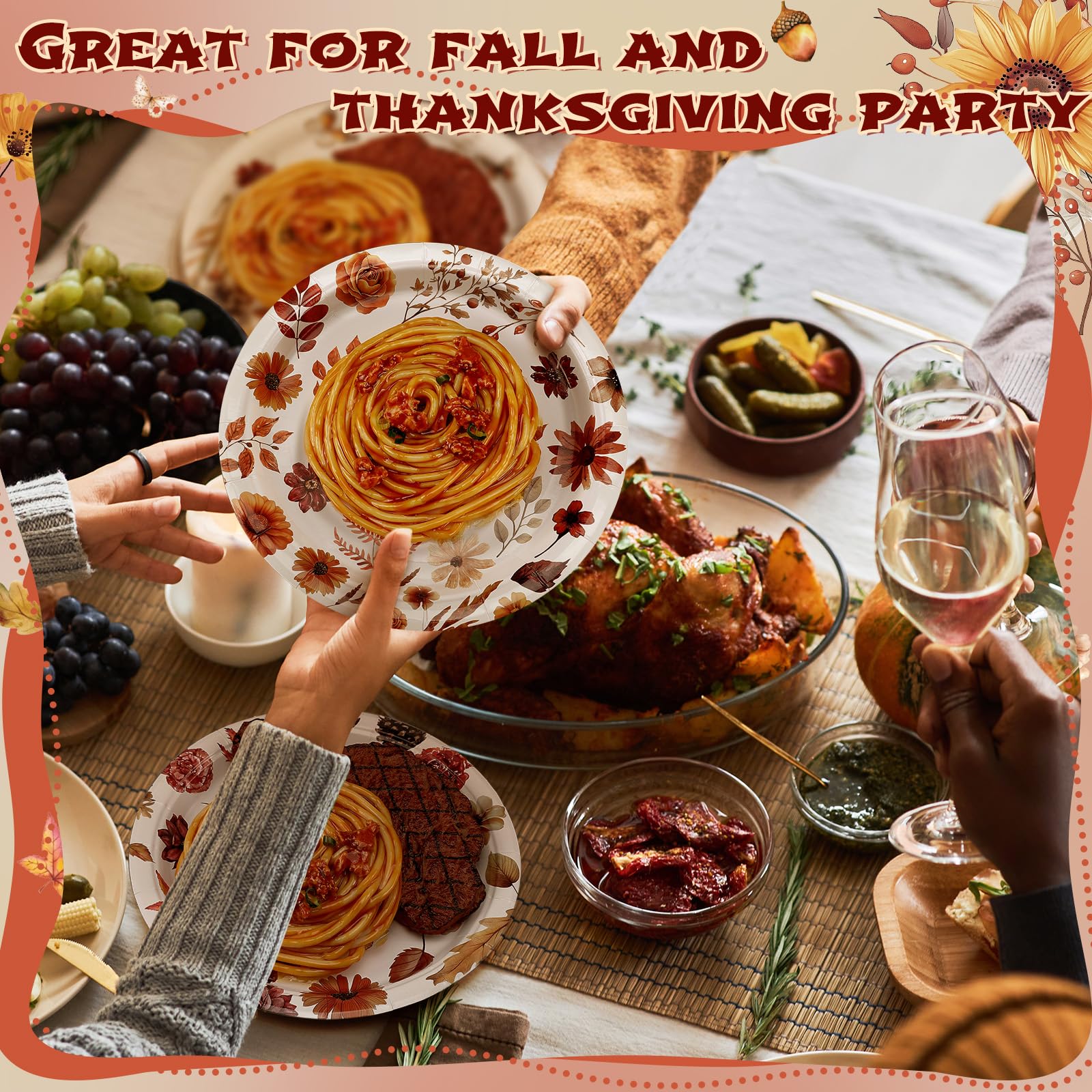 Fourluoo 96 Pcs Thanksgiving Fall Floral Plates Disposable 7 Inch Flower Butterfly Plates for Autumn Thanksgiving Day Party Birt