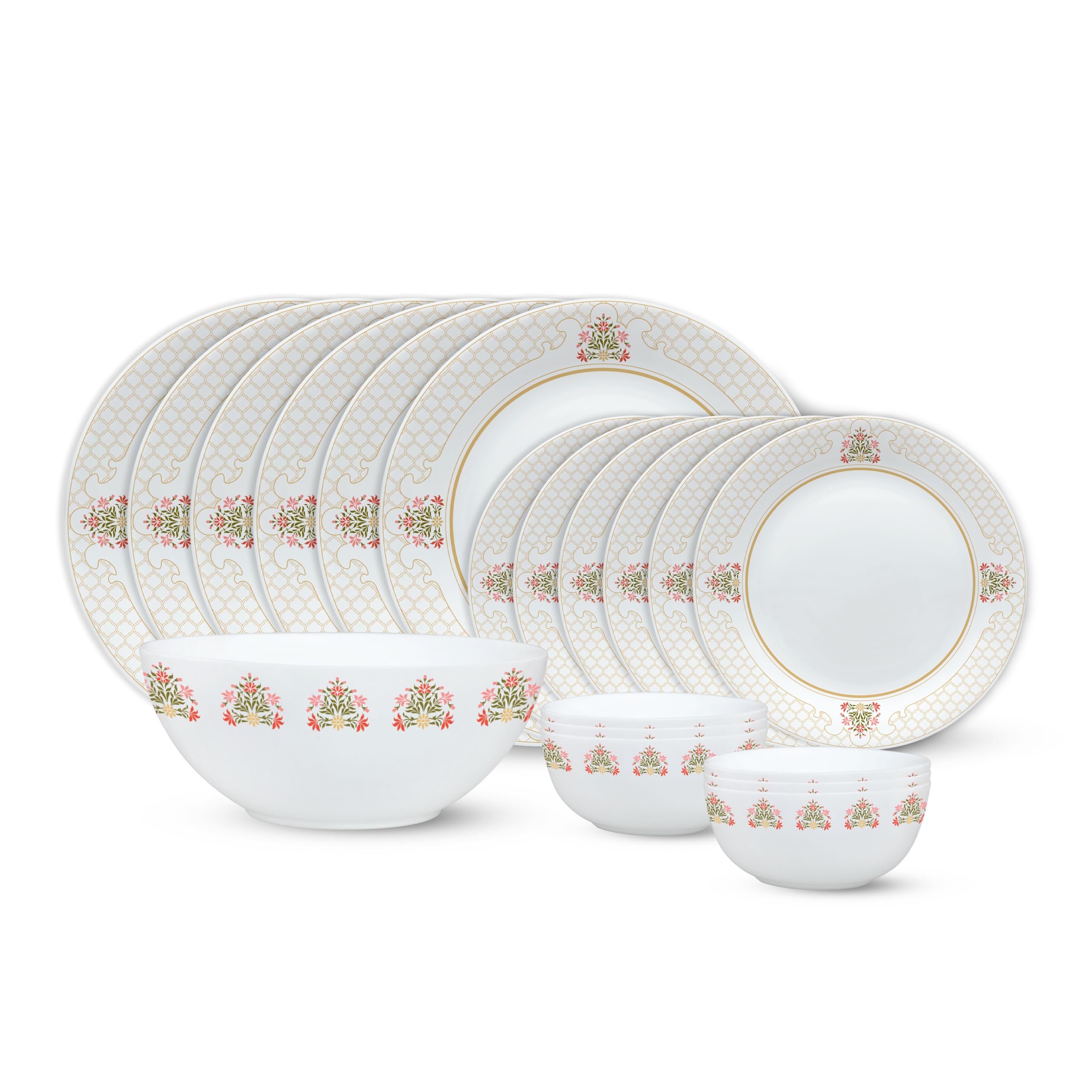 Larah By Borosil Shalimar Kohinoor Series Opalware Dinner Set | 19 Pcs For Family Of 6 | Microwave & Dishwasher Safe | BoneAsh 