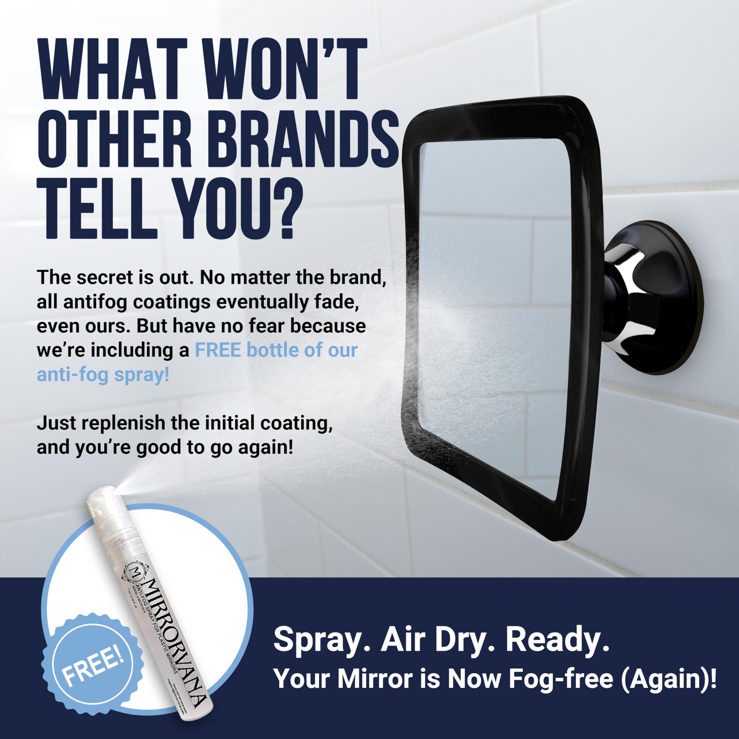 Mirrorvana Fogless Shower Mirror For Shaving With Upgraded Suction, Anti Fog Shatterproof Surface And 360 Swivel, 1X Magnifying,