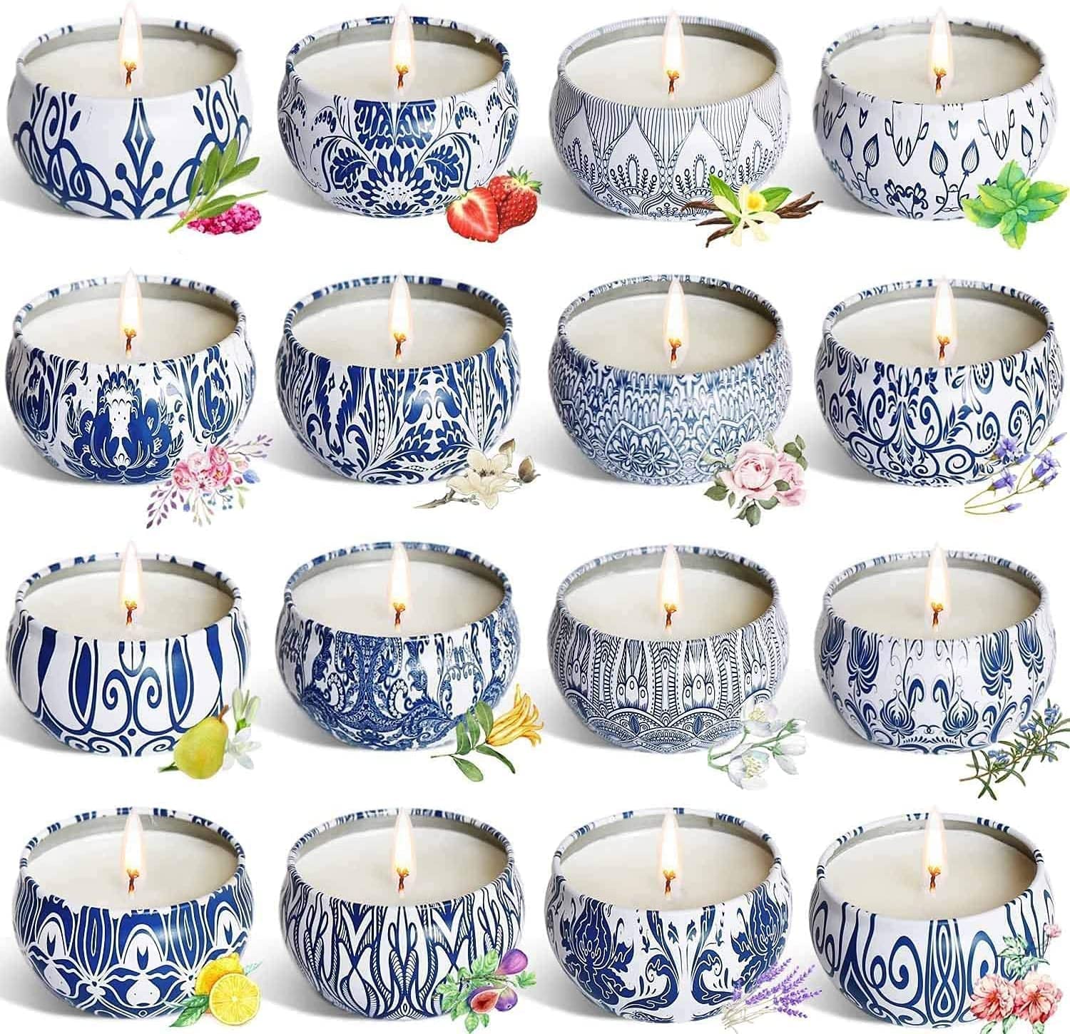 Set of 16 Small Scented Candles Gifts,Blue and White Aroma Naturals Candles,2.5 OZ Soy Wax Travel Tin Jar Candles,Appropriate Gi