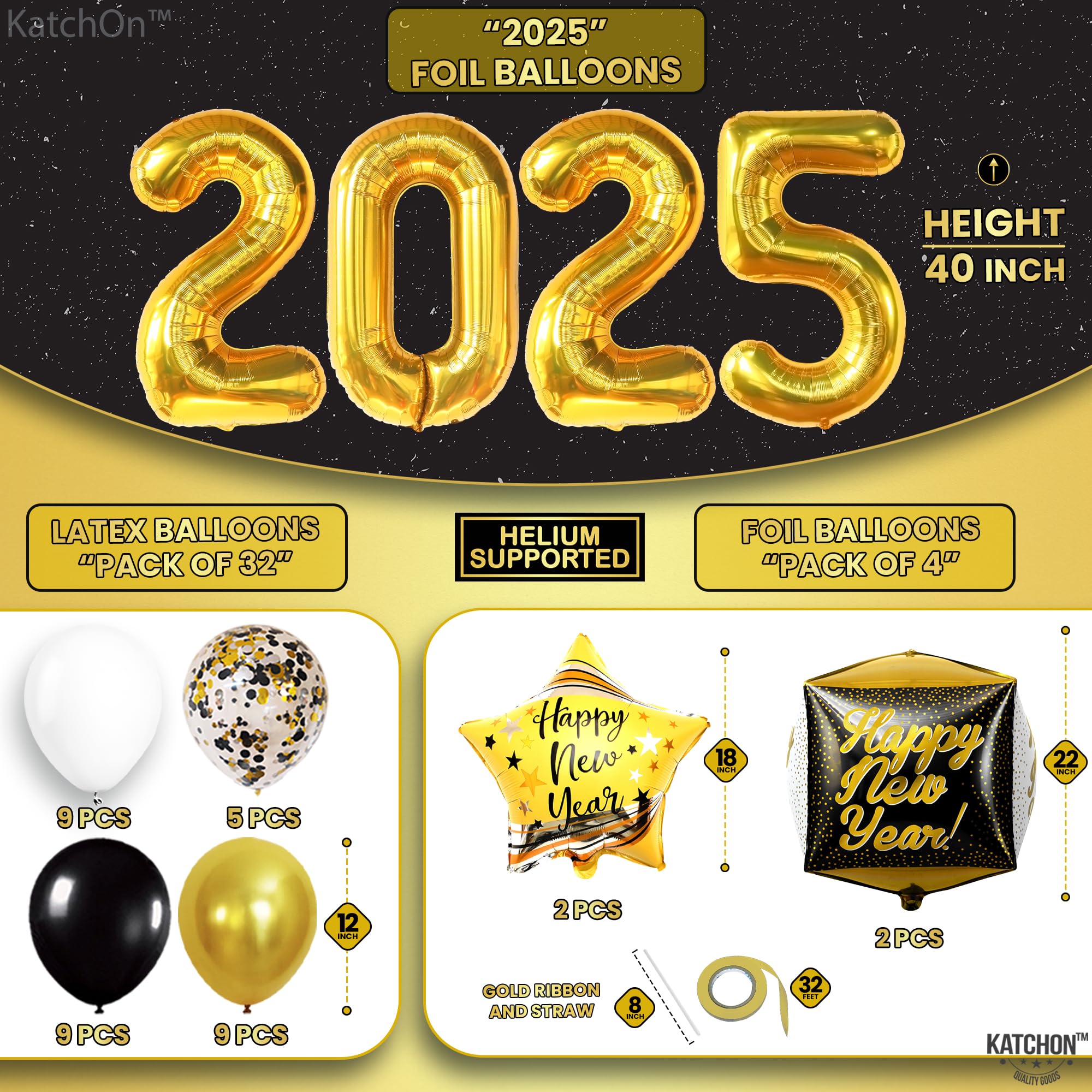 KatchOn New Year Party Supplies 2024 - Set of 76 Black & Gold Decorations, Foil Balloons & Banner for NYE Celebrations