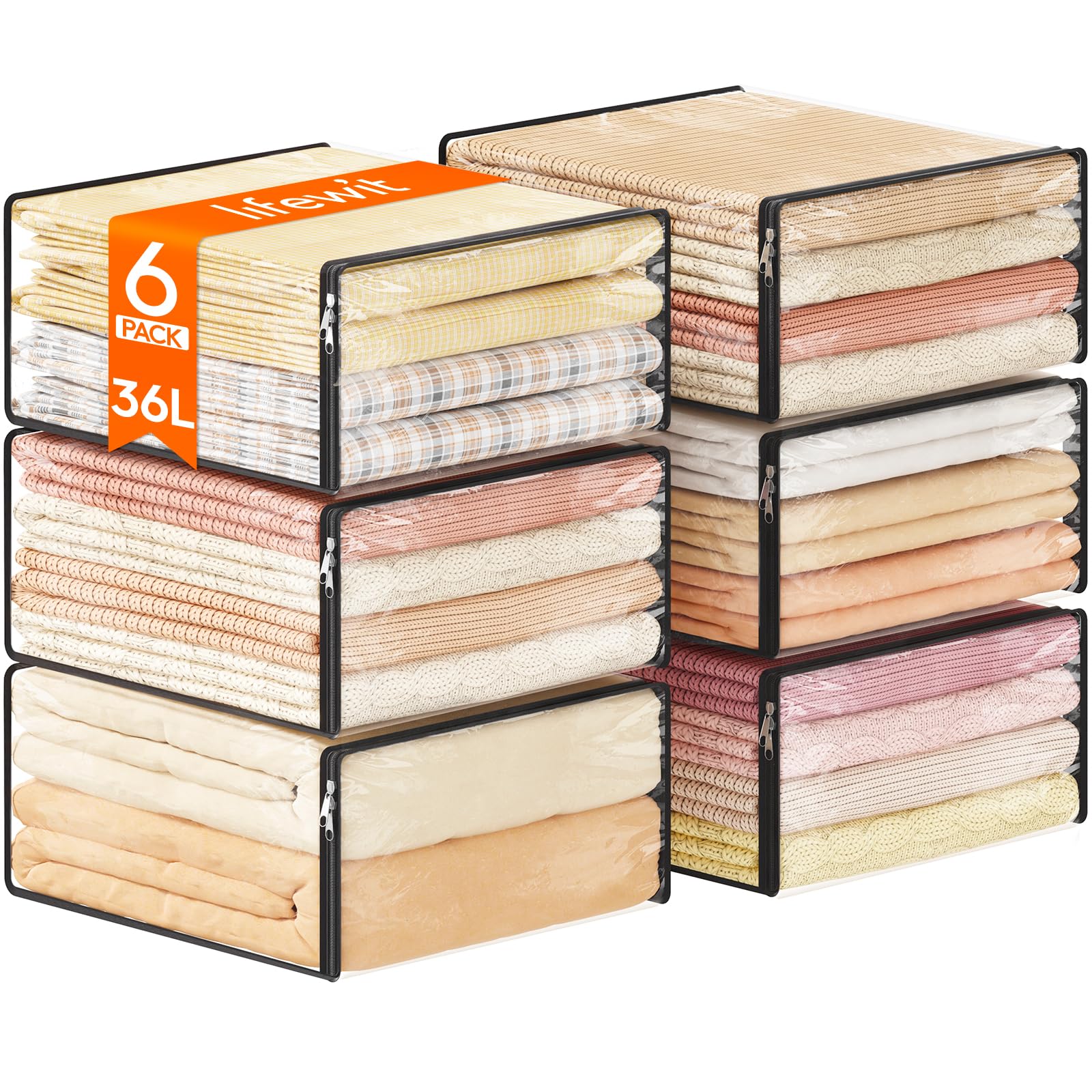 Lifewit 36L Clear Sheet Storage Bags with Zipper 6 Pack, Plastic Sweater Storage Bins for Clothing, Vinyl Foldable Clothes Conta
