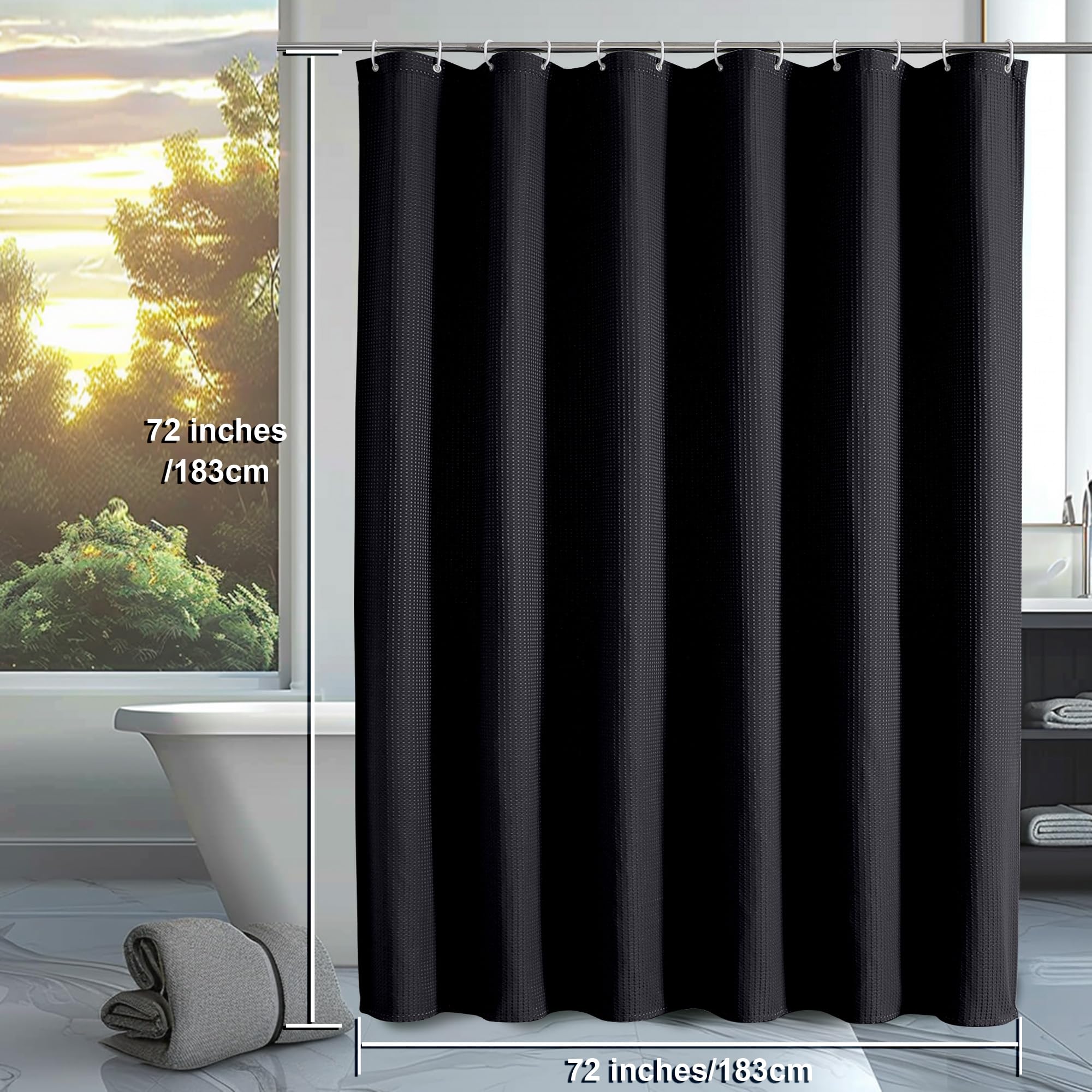 Ovzme Black Shower Curtain Set, Waffle Textured Heavy Duty Fabric Shower Curtain For Bathroom, Luxury Hotel Weighted 230Gsm Bath