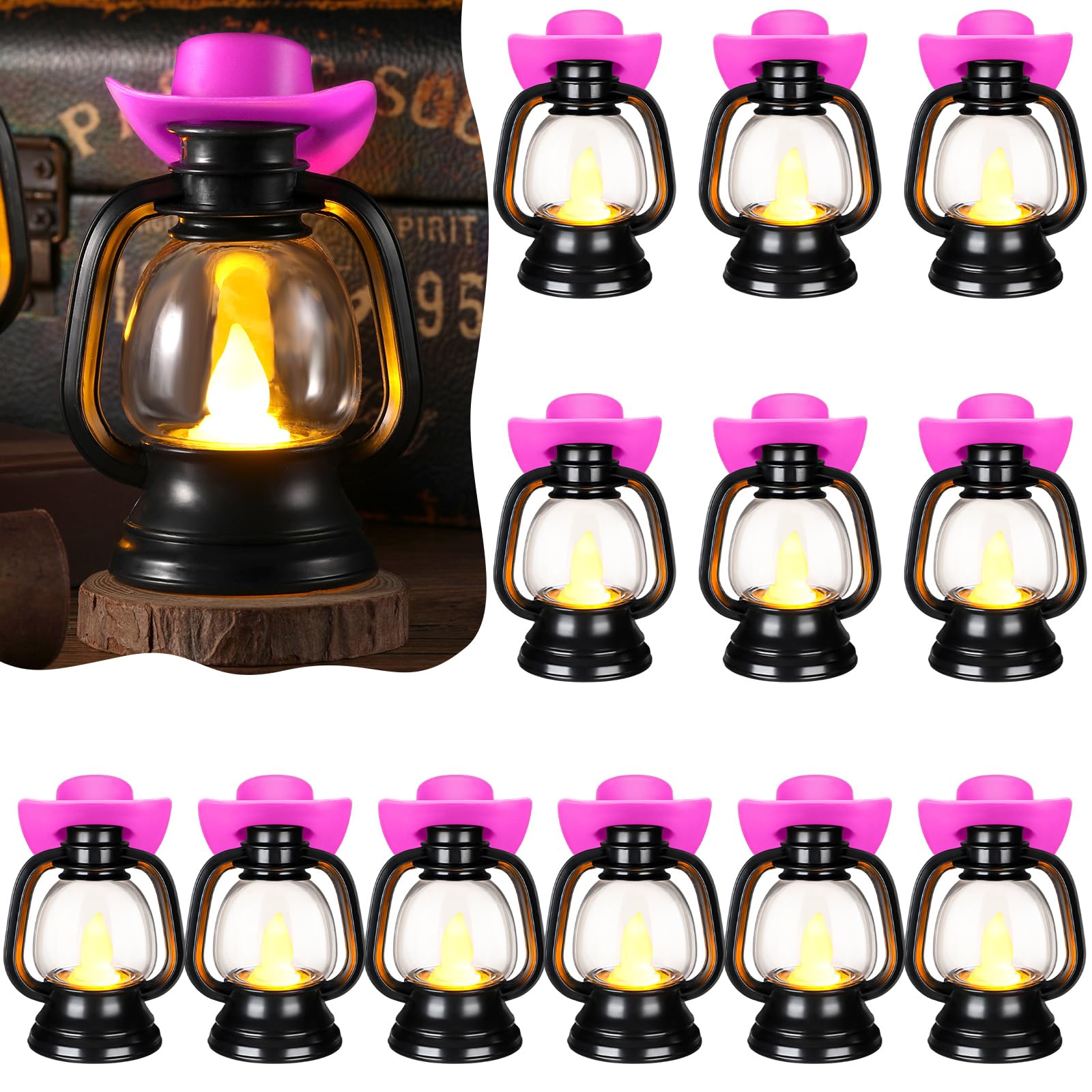 ROCEEI 12 Pieces Cowboy Hats Mini Lantern Western Cowgirl Small Lantern Decoration Retro Tiny Lamp with LED Candle Hanging Table
