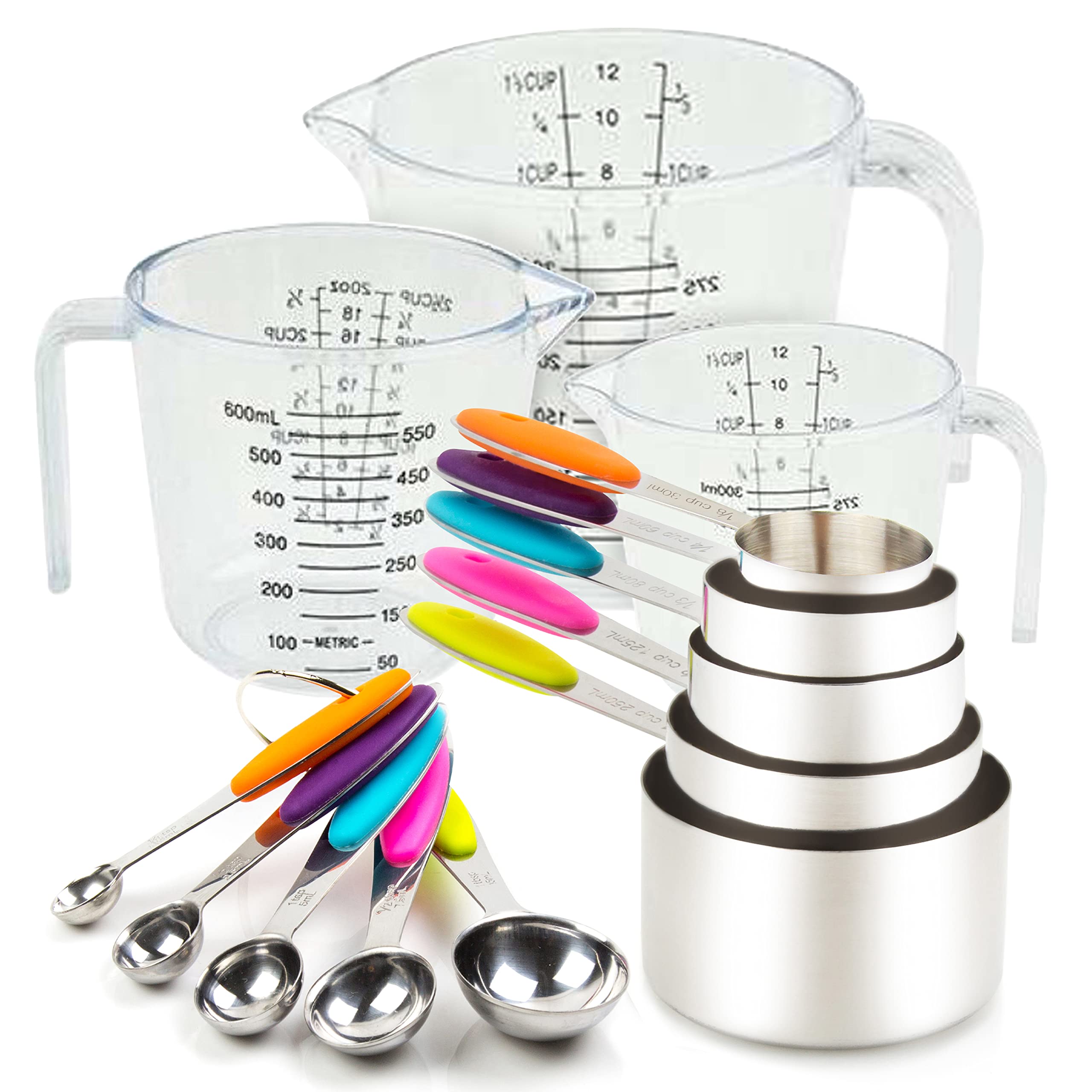 Measuring Cups And Spoons Set 13 Piece. Includes 10 Stainless Steel Measuring Spoons And Cups Set And 3 Plastic Measuring Cup. L