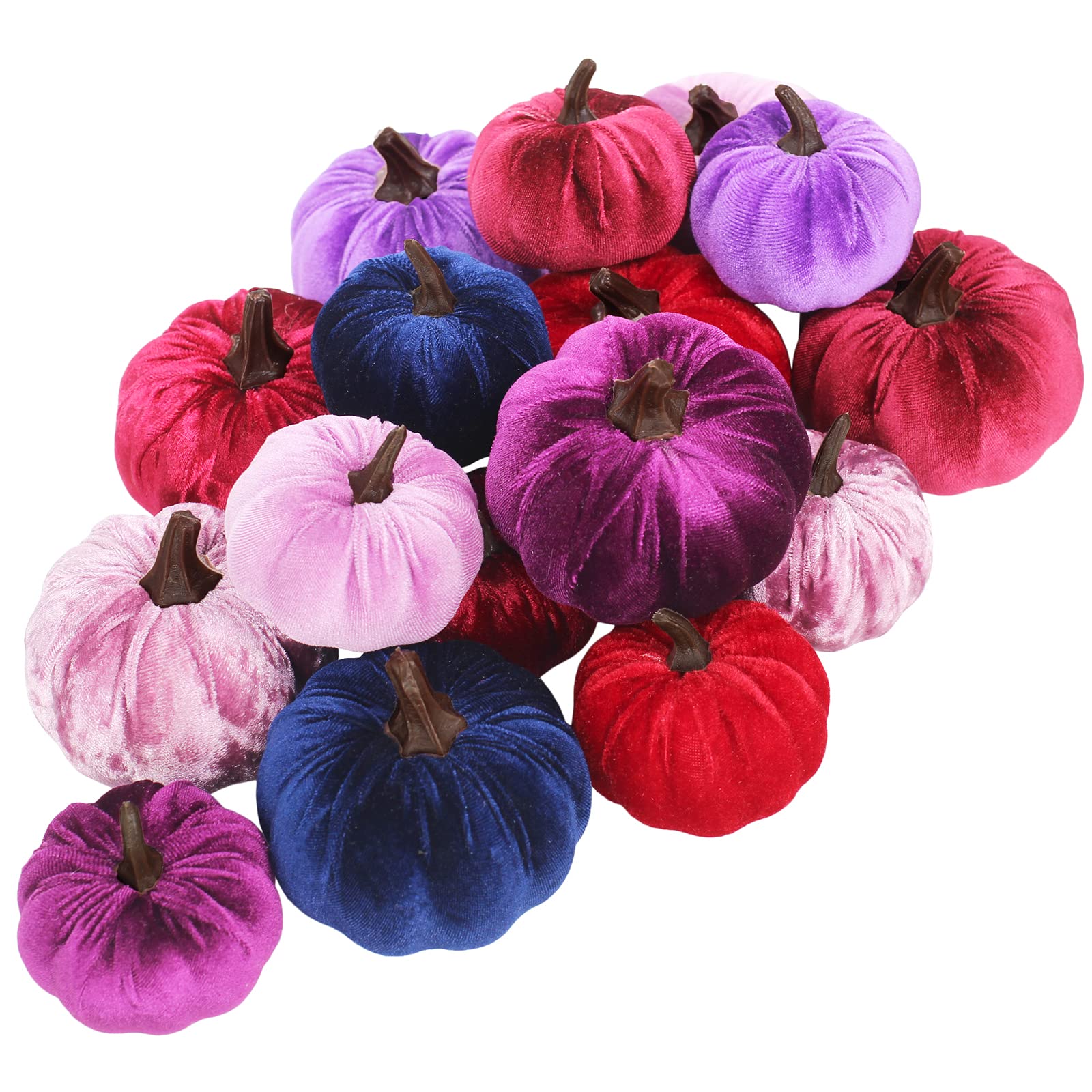 16 Pcs Assorted Small Faux Velvet Pumpkins Decorative Burgundy Red Purple Lilac Navy Blue Fabric Foam Pumpkins for Farmhouse Fal
