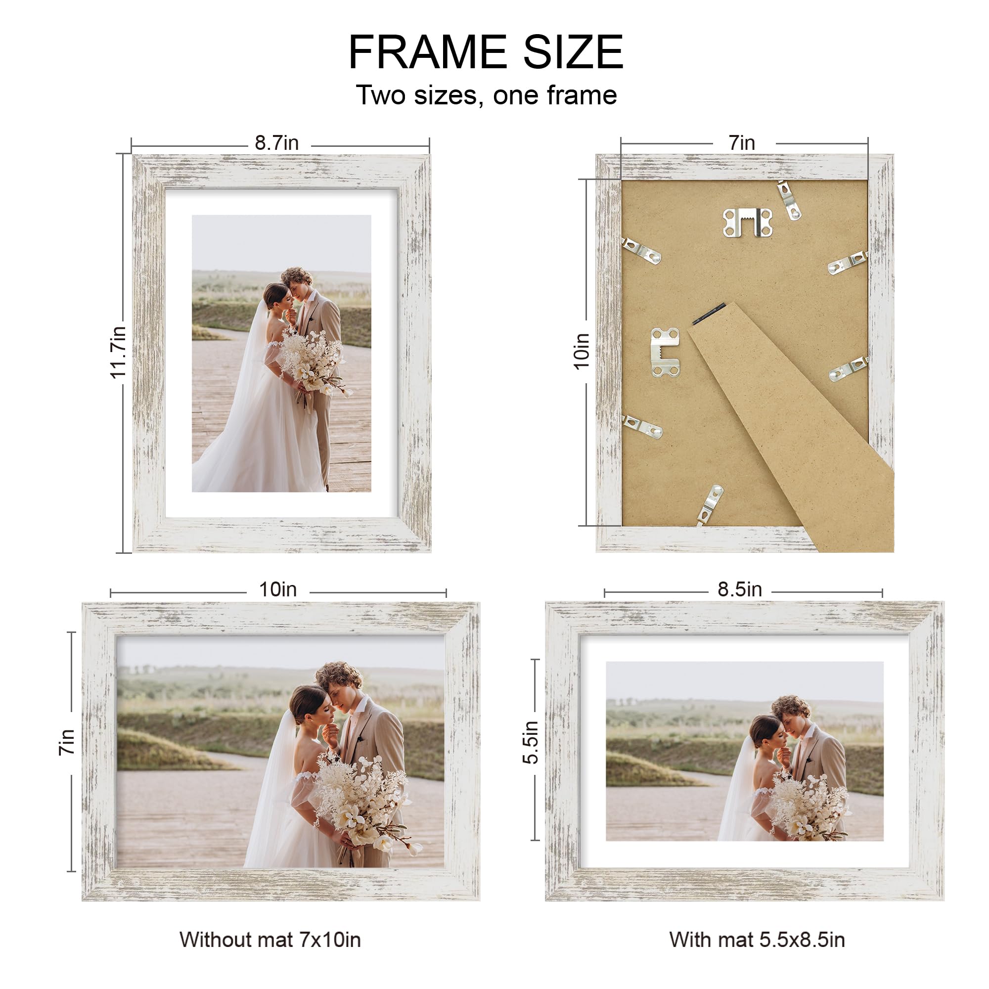 Hongkee 7x10 Picture Frame Set of 4, Made of Real Glass and Distressed White Frame - Display Picture 5.5x8.5 with Mat or 7x10 Wi