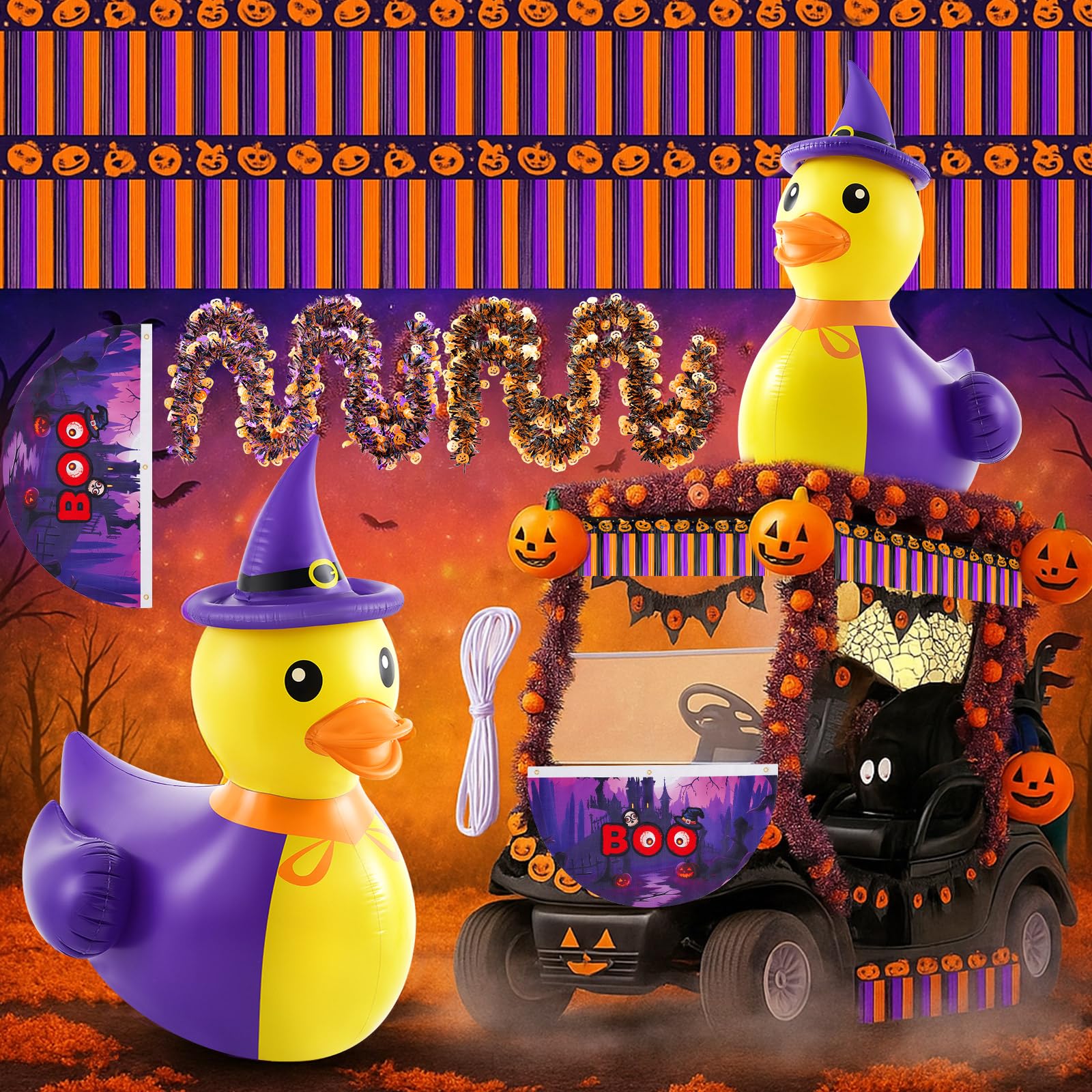 Hungdao 4ft Halloween Inflatable Witch Duck Halloween Golf Cart Decorations Kit PVC Blow Ups Duck Tinsel Garlands Tinsel Streame
