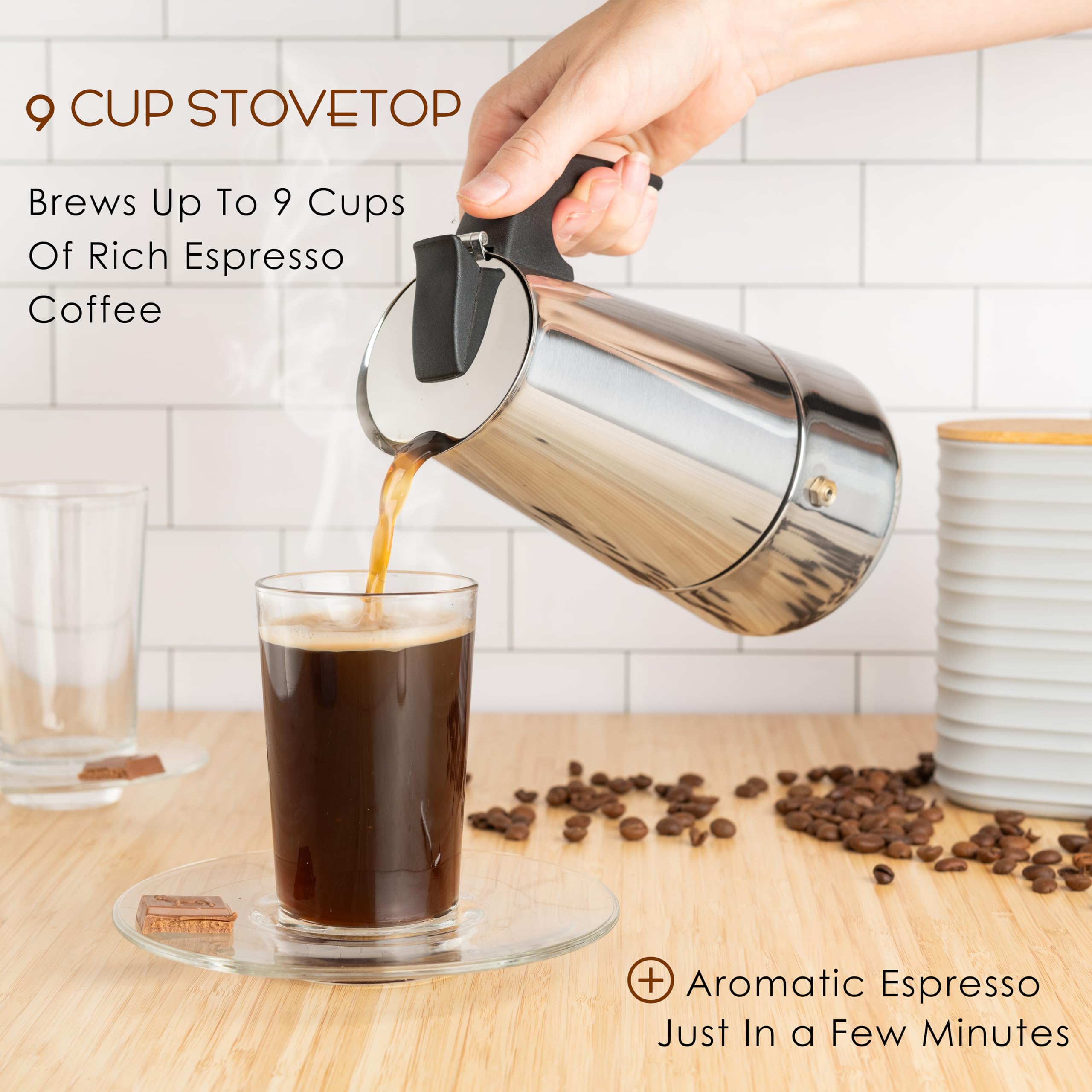 Mixpresso 9 Cup Greca Stovetop Espresso Maker 450Ml/15Oz, Moka Pot With Coffee Percolator Design, Stainless Steel Stove Top Coff