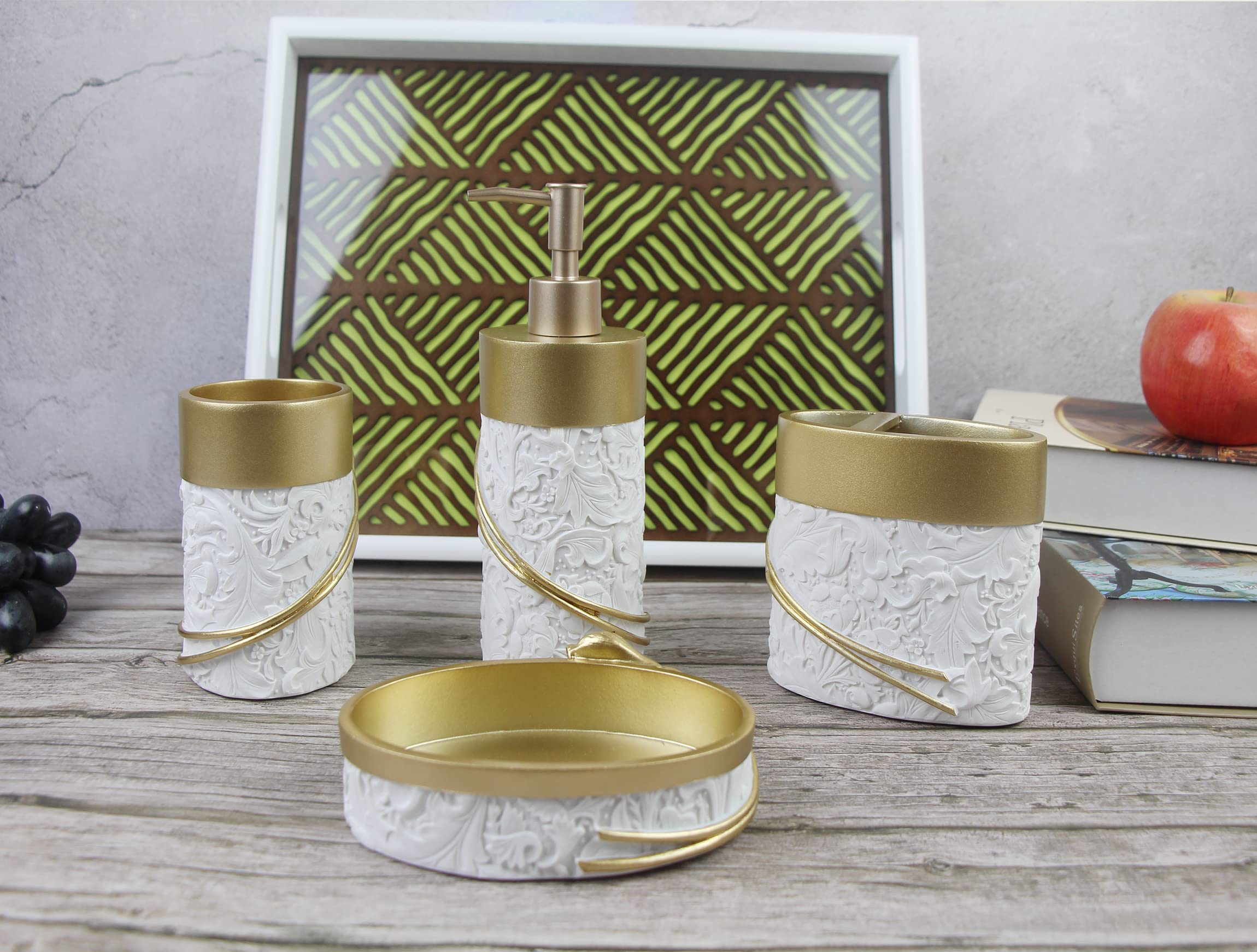 Hymmah Bathroom Accessories Set,Golden Design Toothbrush Holder,Farmhouse Bathroom Decor,4 Pcs Resin Gift Set Apartment Necessit
