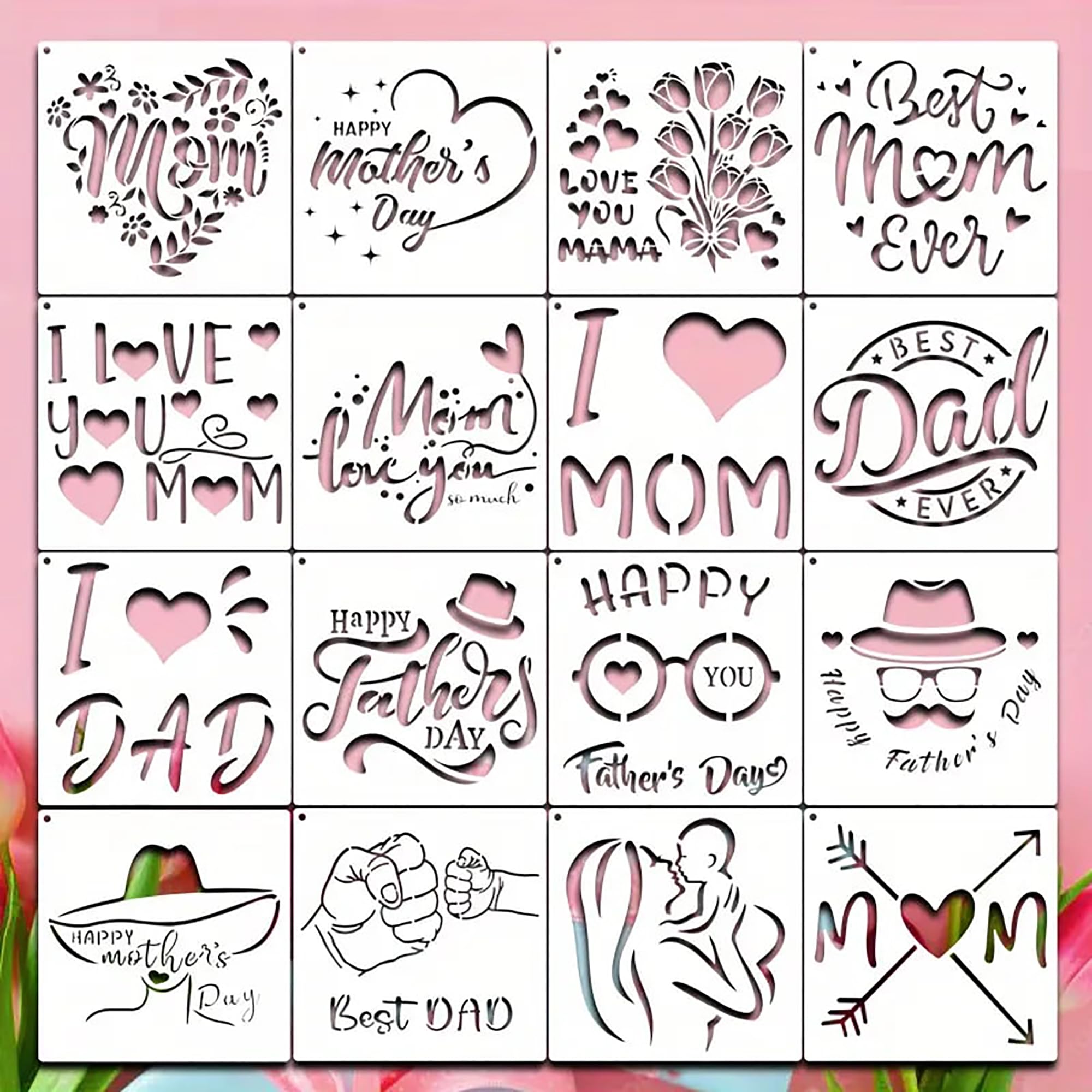 Cliths 16 Pcs Happy Mothers Day & Fathers Day Stencil Set  5.9 Inch Reusable Painting Stencils for DIY Crafts, Scrapbooking, Gr