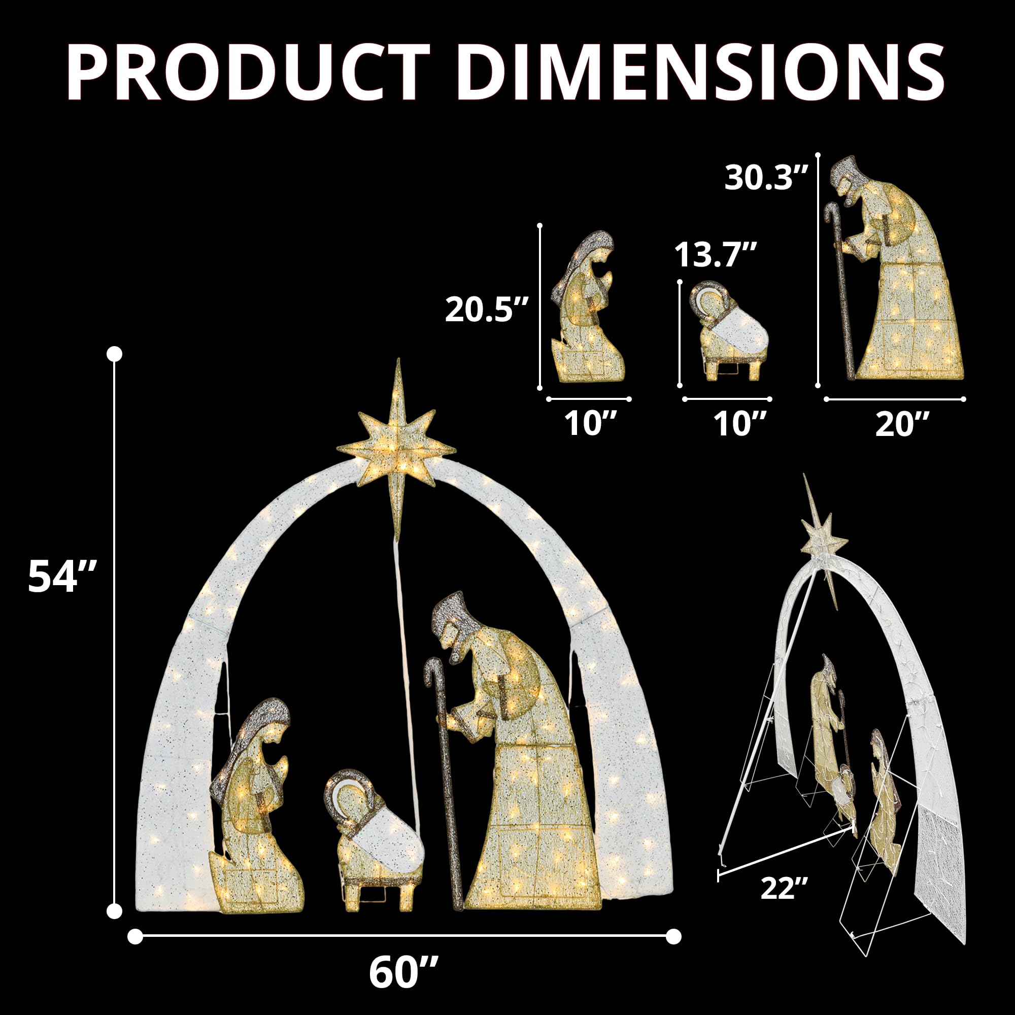 VELTENOVAIRE Outdoor Nativity Scene Christmas Decorations, 54 H Lighted Arch Holy Family Holiday Yard Set, Easy Setup, 115 Warm