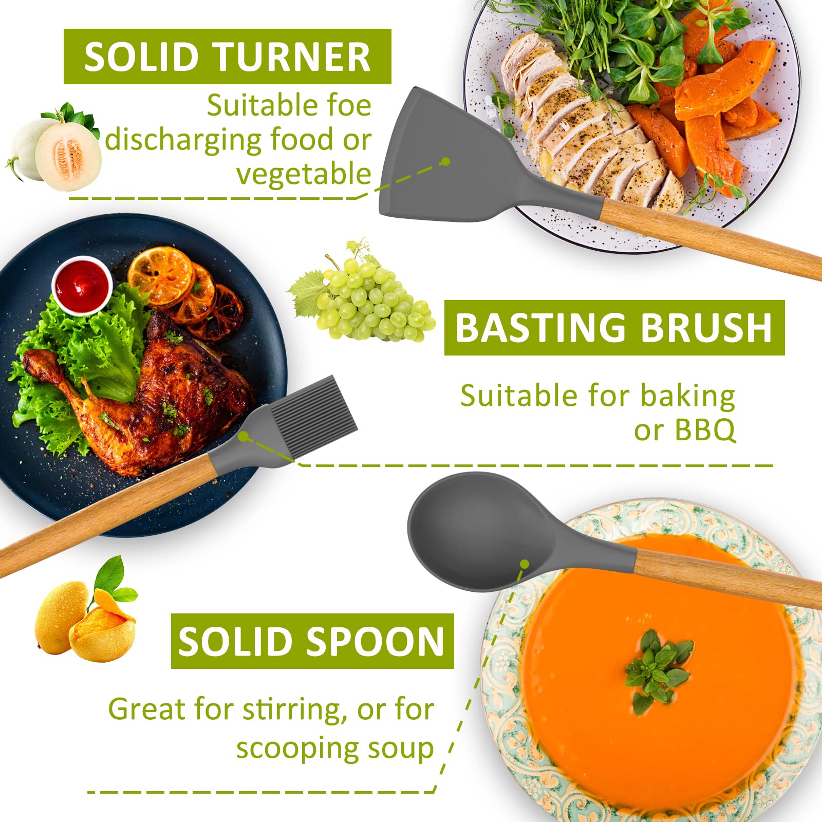 Silicone Cooking Utensil Set, 35 Pcs Kitchen Utensils By Fungun, Non-Stick Heat Resistant Kitchen Gadgets Cookware With Natural