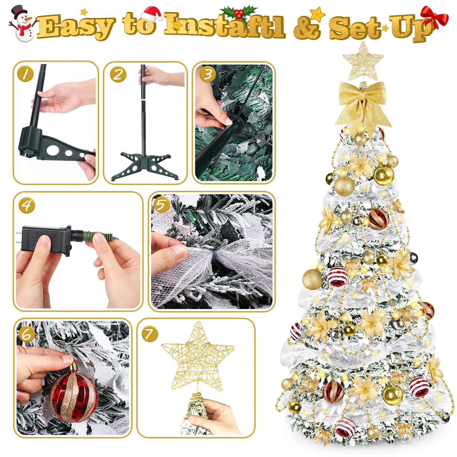 Pop Up Christmas Tree with Lights, 6FT Collapsible Artificial Christmas Tree with 8 Lighting Modes and Remote Control Timer, Pre