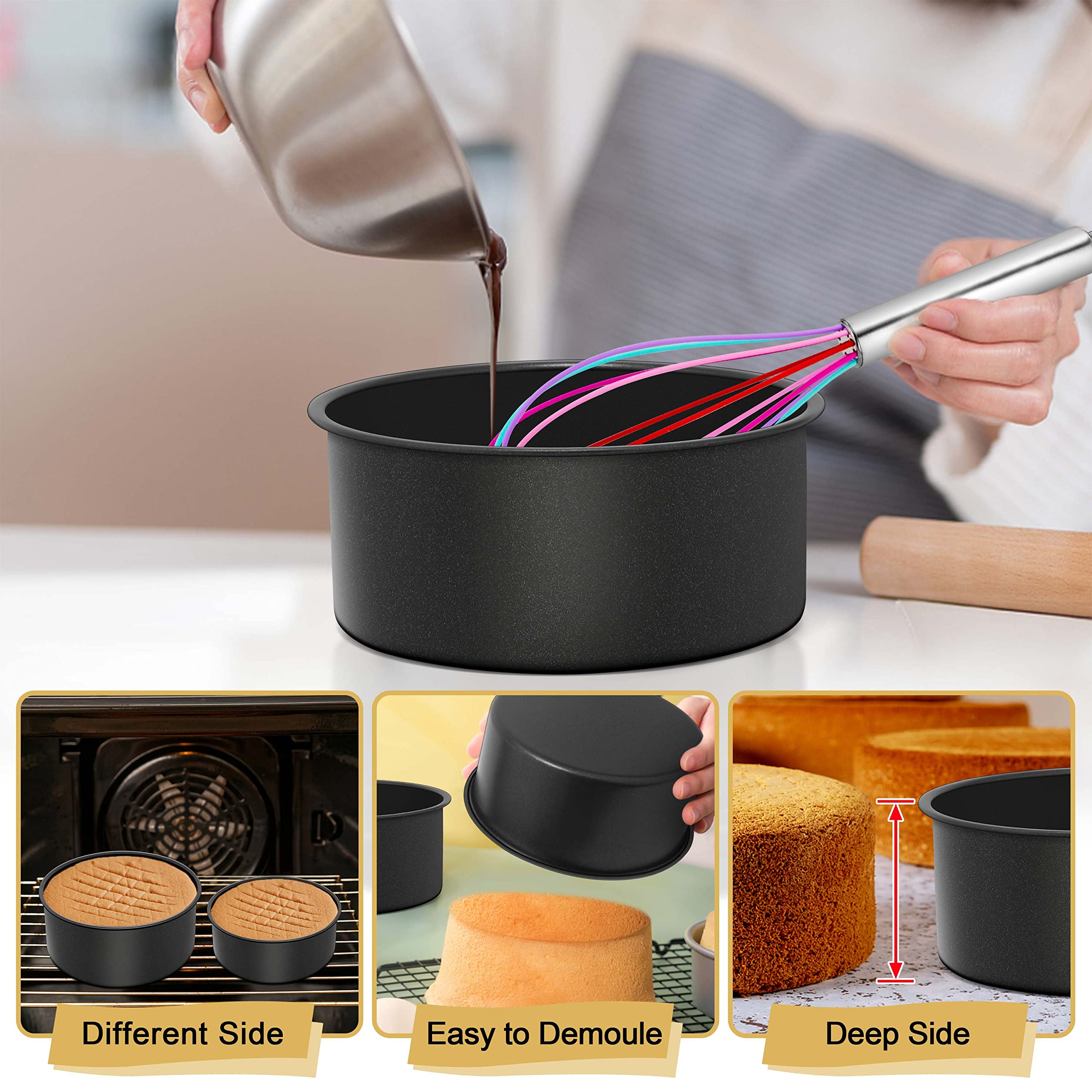 E-Far Deep Cake Pan Set Of 3 (4/6/8 Inch), Nonstick Stainless Steel Round Cake Pans Tins For Baking Layer Wedding Cakes, Stainle