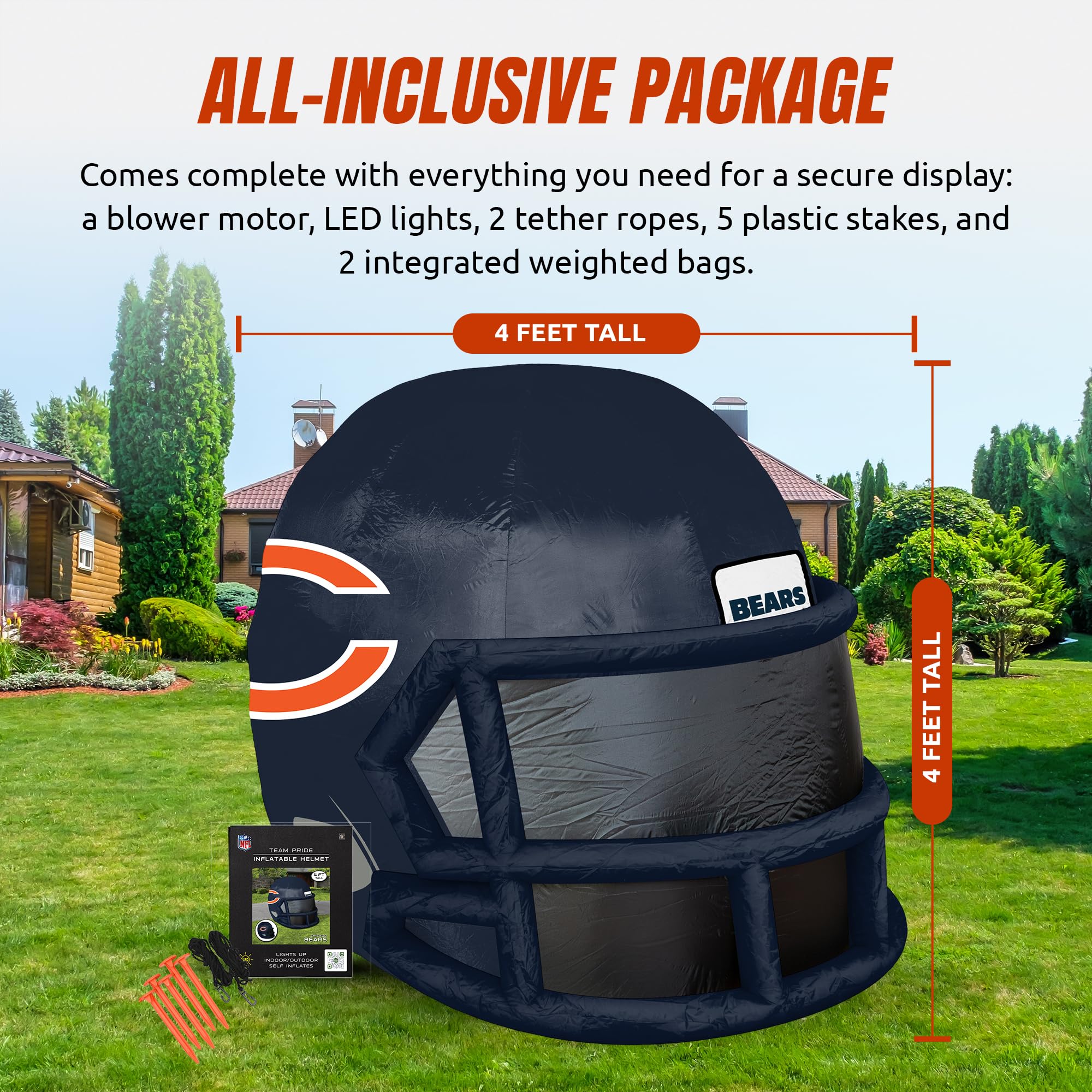 Sporticulture NFL Chicago Bears 4ft Inflatable Helmet with LED Lights & Built-in Blower - Merchandise Decor Ideal For Lawn, Fron