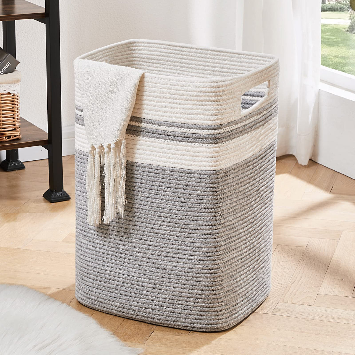 Oiahomy Laundry Hamper-Laundry Basket,Tall Cotton Storage Basket With Handles,Decorative Blanket Basket For Living Room,Collapsi
