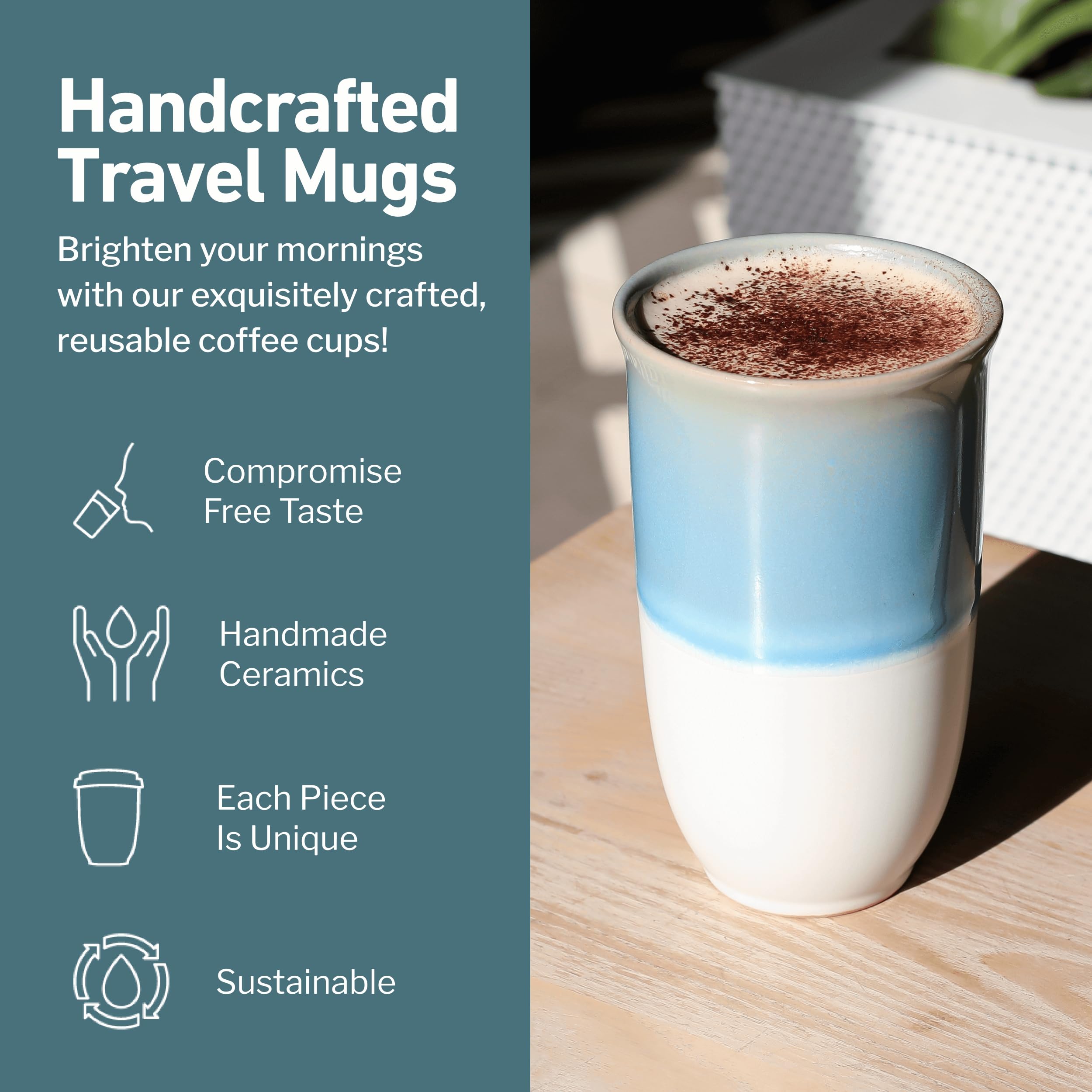NOVA CERAMICS Travel Coffee Tumbler - Travel Mug - On the Go Coffee Mug - Microwave & Dishwasher Safe Green CoffeeTumbler - Gift
