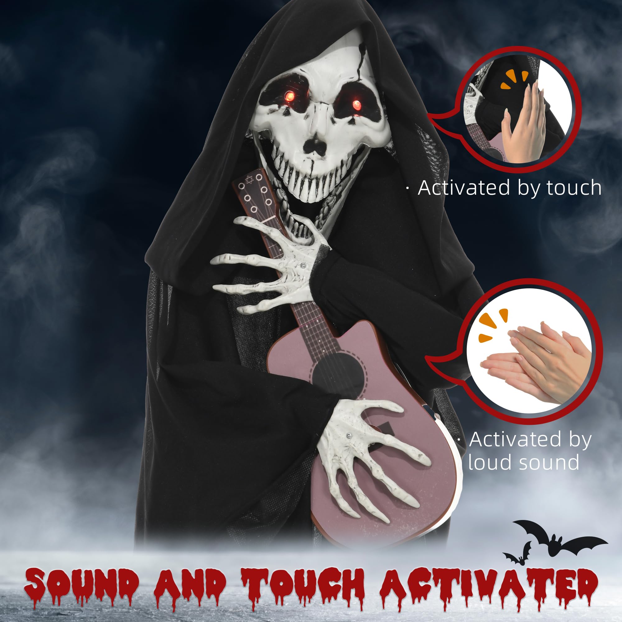 HOMCOM 4.3  Outdoor Halloween Decoration Animatronic Guitar-Playing Grim Reaper, Sound and Motion Activated Animated Prop with L