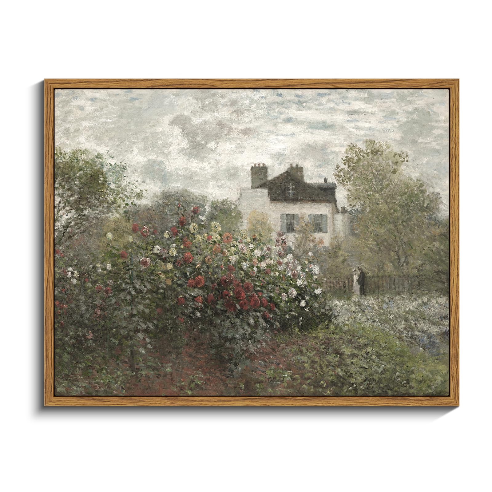 Insimsea Framed Canvas Wall Art Vintage Decor, Garden Full Of Flowers Oil Painting Wall Prints By Claude Monet, Retro Scenic Bat