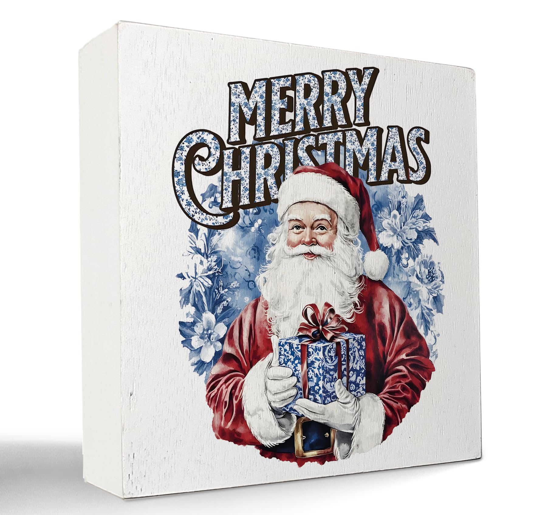 kunlisa Blue and White Chinoiserie Christmas Santa Wooden Sign, Grandmillennial Christmas Decor, Xmas Santa Holiday Wood Box Sig