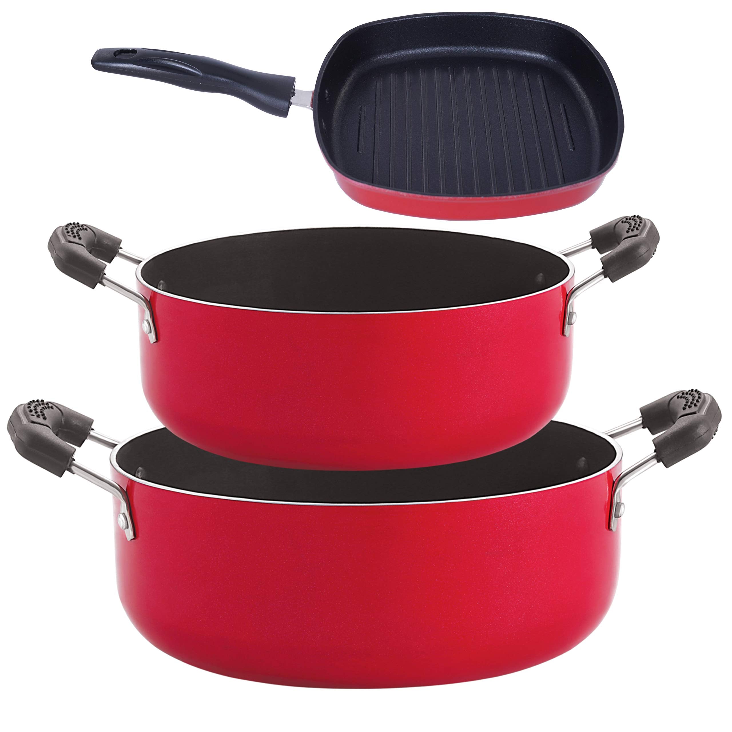 Nirlon Dishwsher Safe NonStick Cookware Combo Gift Set (Red & Black) (Cs26_Gp22.5_Cs24)