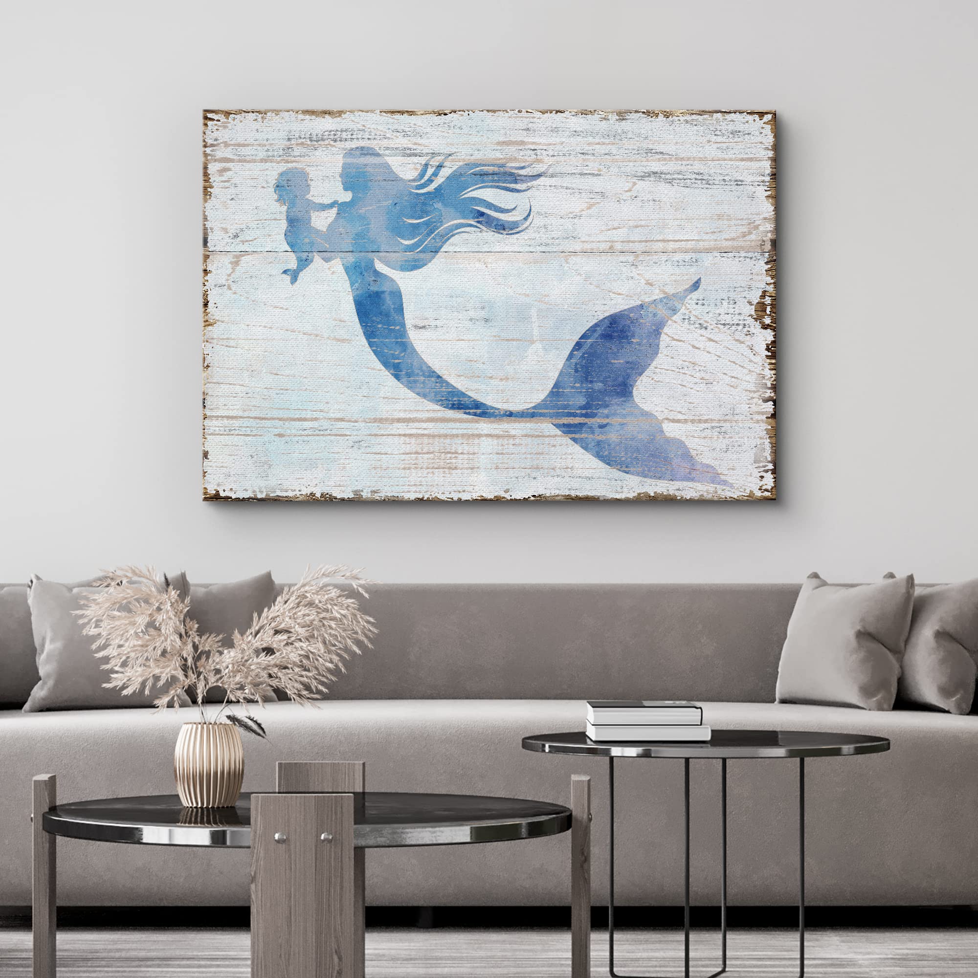 Wall26 Canvas Print Wall Art Mermaid & Baby Silhouettes On Wood Panels Fantasy & Sci-Fi Ocean Illustrations Modern Art Rustic Sc