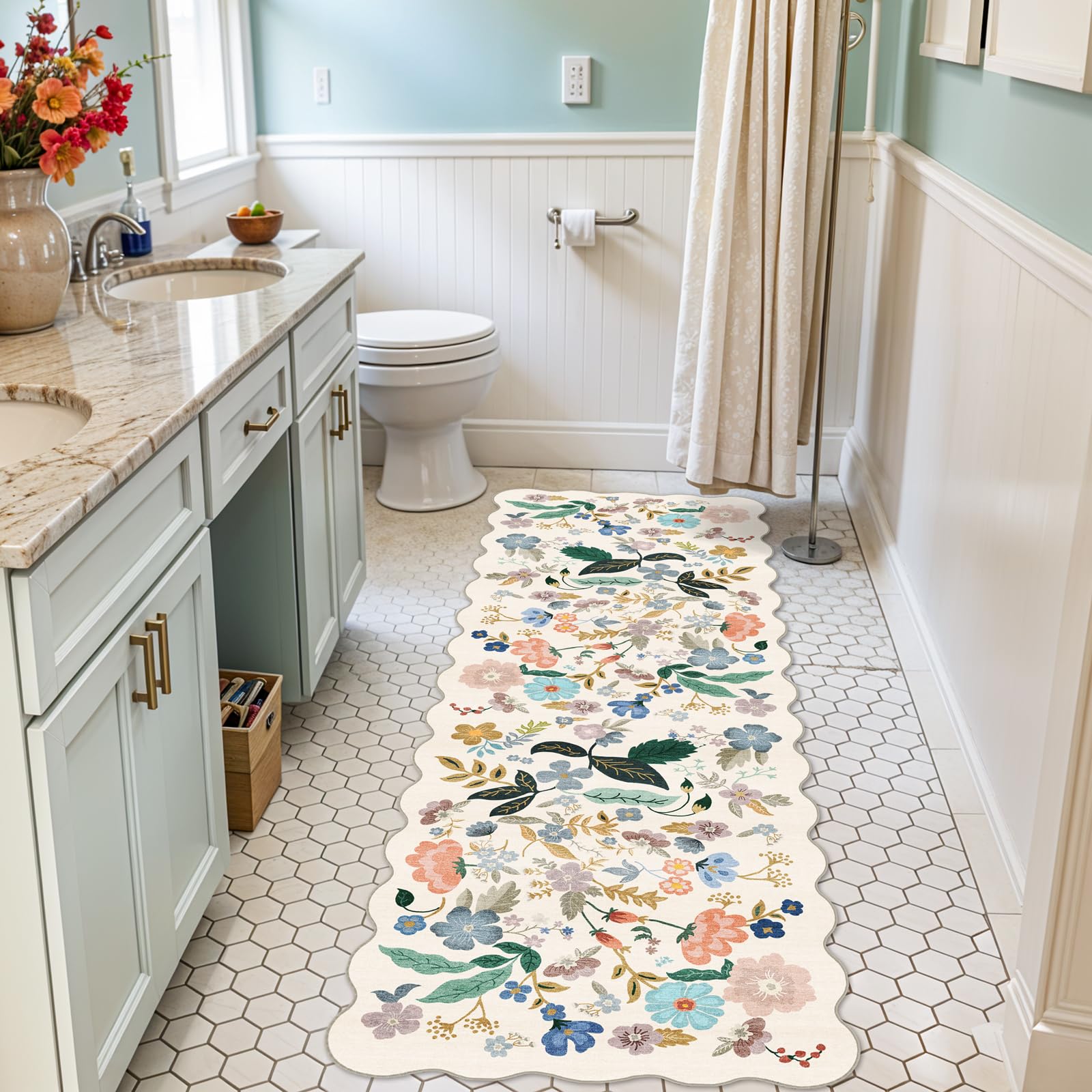 2x6 Washable Hallway Runner Rug: Floral Kitchen Rugs with Non-Slip Backing Vintage Low Pile Entryway Carpet for Living Room Bedr
