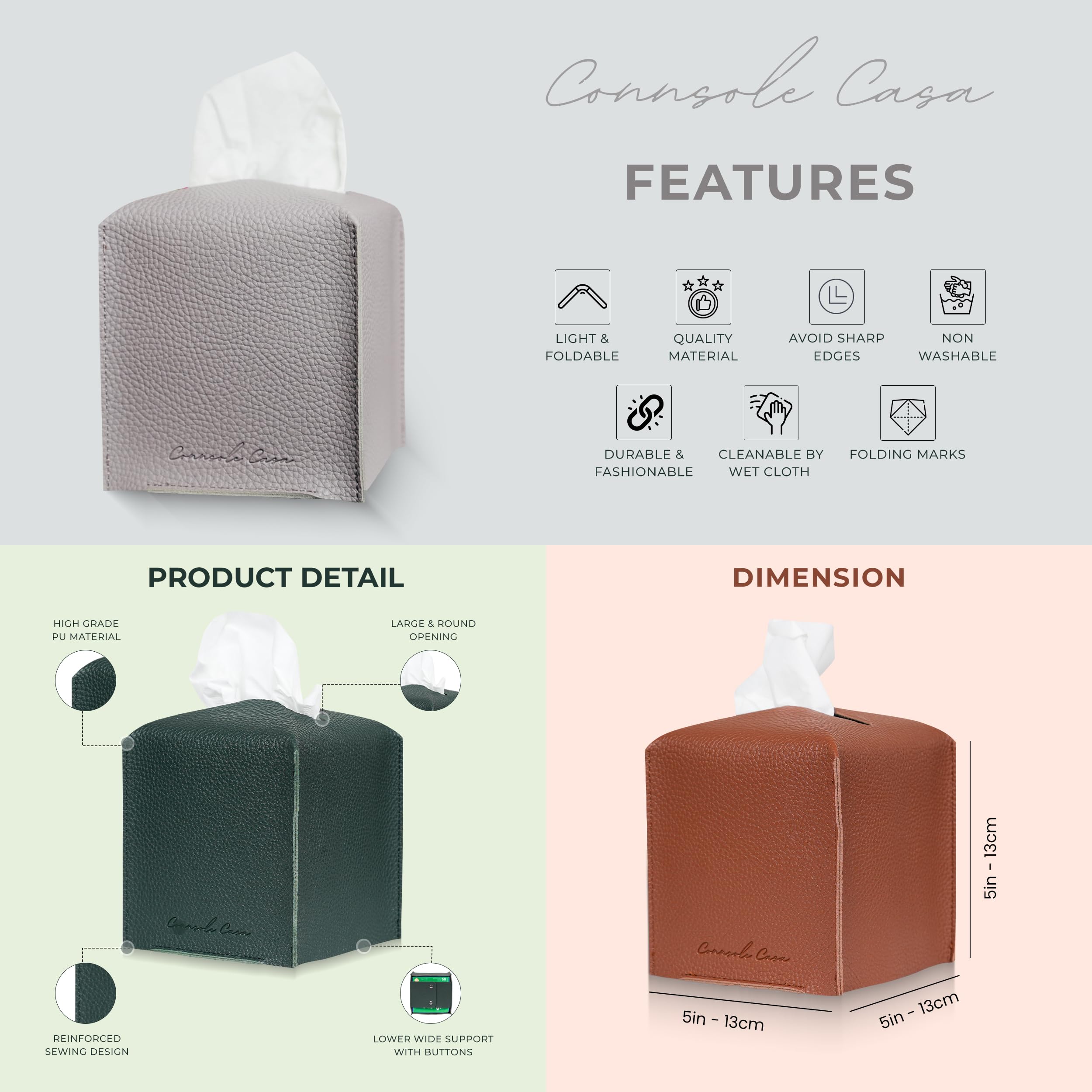Connsole Casa Premium Pu Leather Tissue Box Holder - Elegant Hotel-Style Grey Tissue Box Cover For Enhanced D  Cor Of Home, Offi