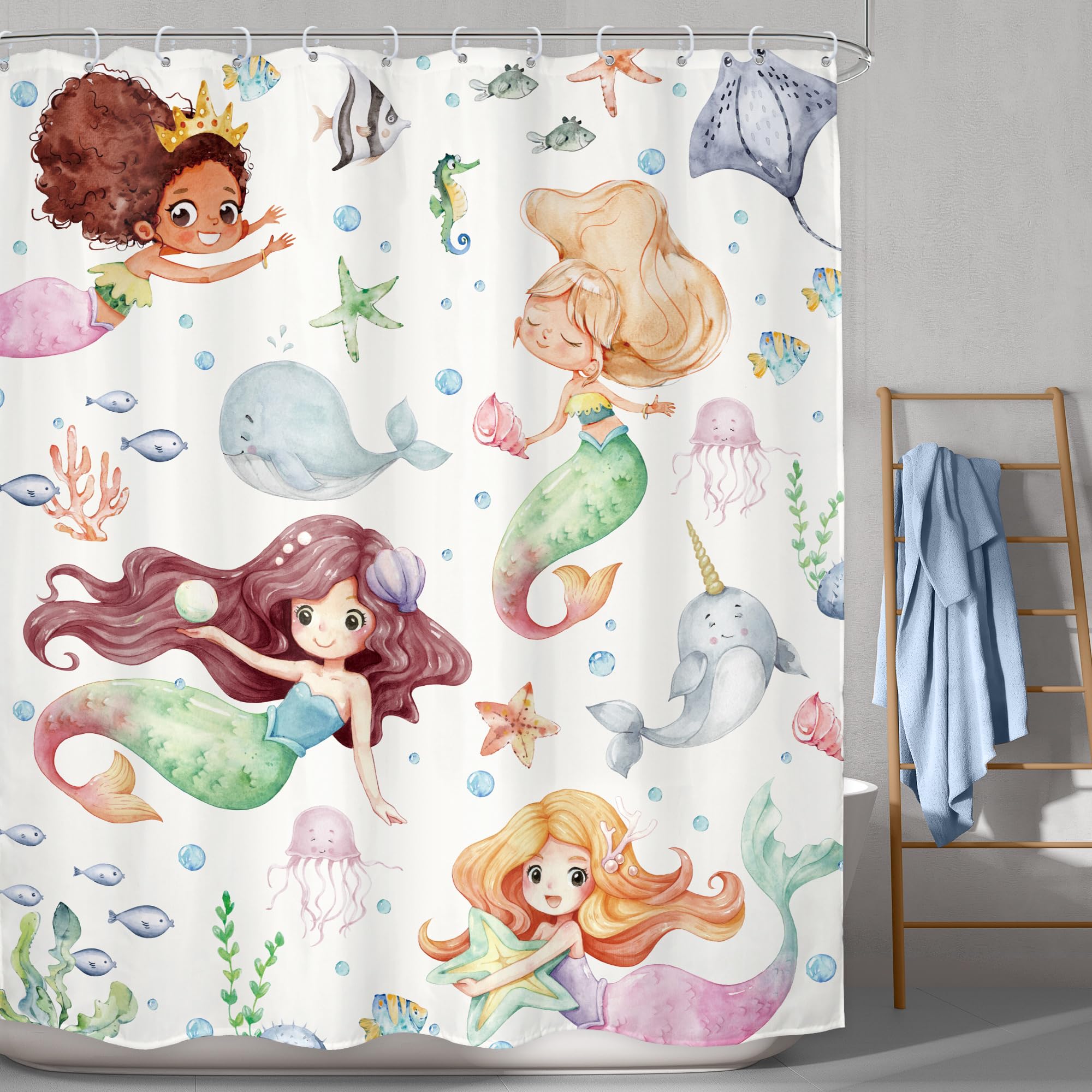 Lghtyro Kids Ocean Mermaid Shower Curtain Bathroom Set 60Wx71H Inches Underwater Cartoon Sea Animals Cute Whale Starfish Funny S