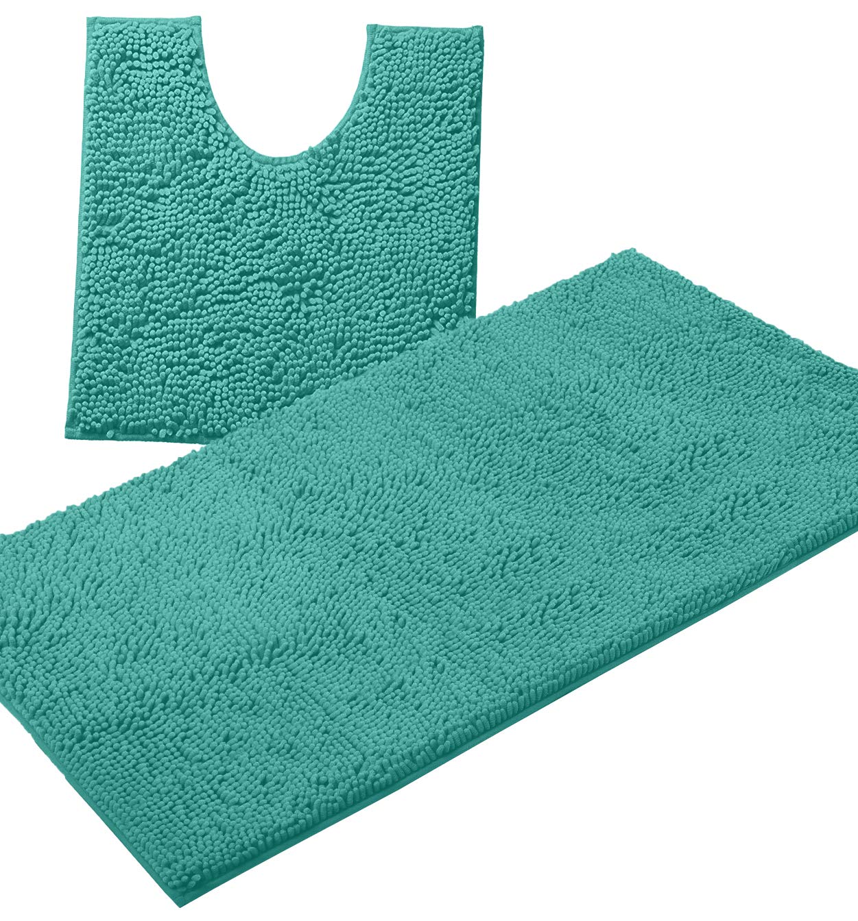 Luxurious 2-Piece Bathroom Rug Set In Turquoise: Chenille Bath Mat + U-Shaped Toilet Mat, Plush Anti-Slip Design, Microfiber Sha