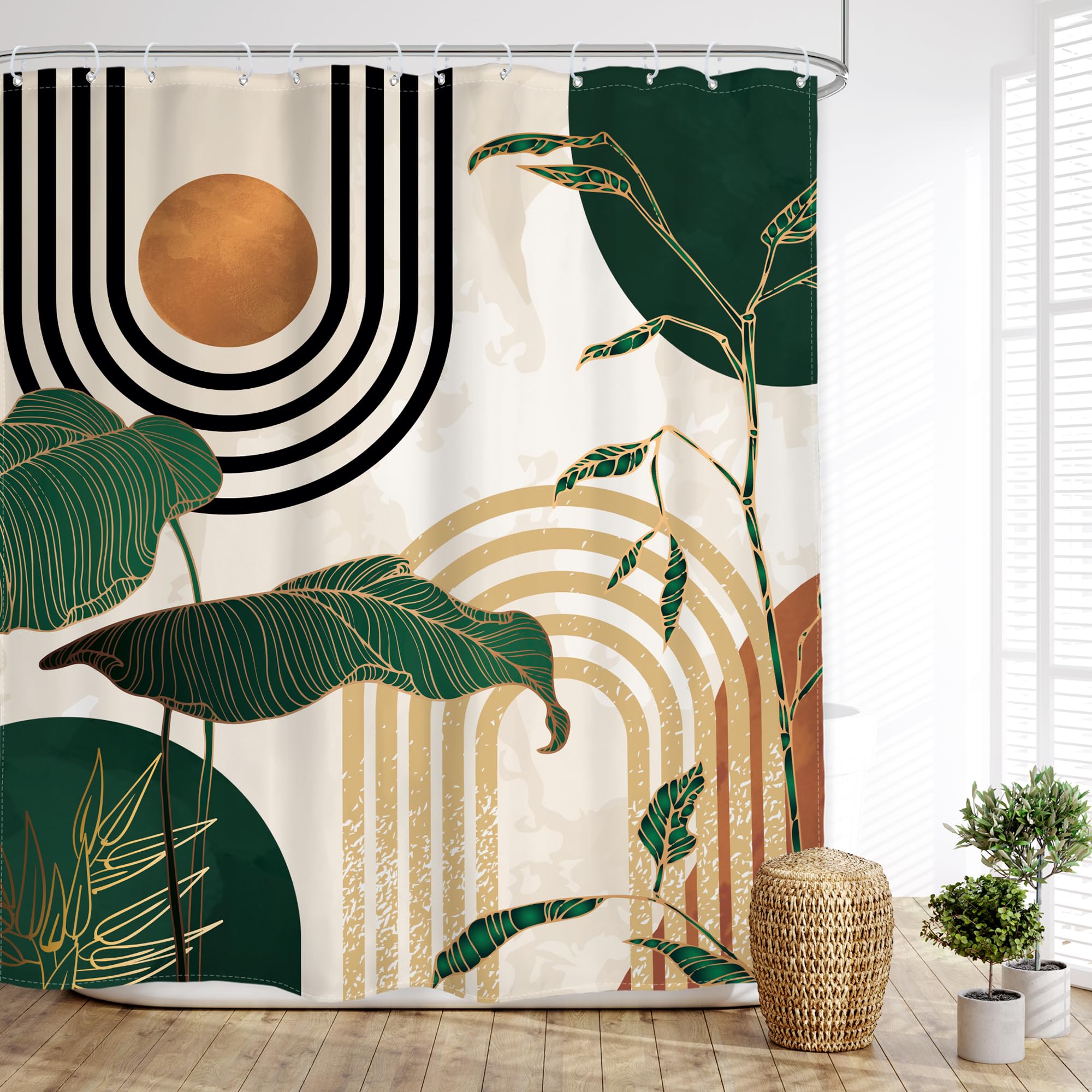 Glawry Green Abstract Mid Century Shower Curtain Boho Retro Tropical Palm Tree Sun Arch Minimalist Modern Bathroom Aesthetic Geo