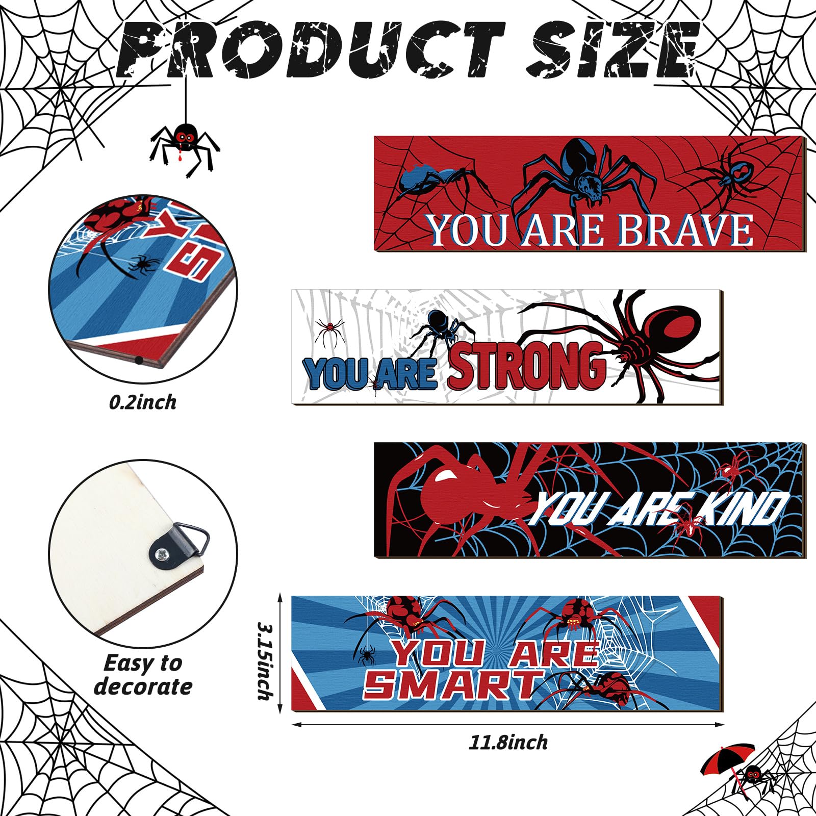 Geetery 4 Pcs Spider Room Wall Decor Boys Bedroom Decor for Kids Inspirational Wooden Hanging Sign Motivational Quote Car Wall S