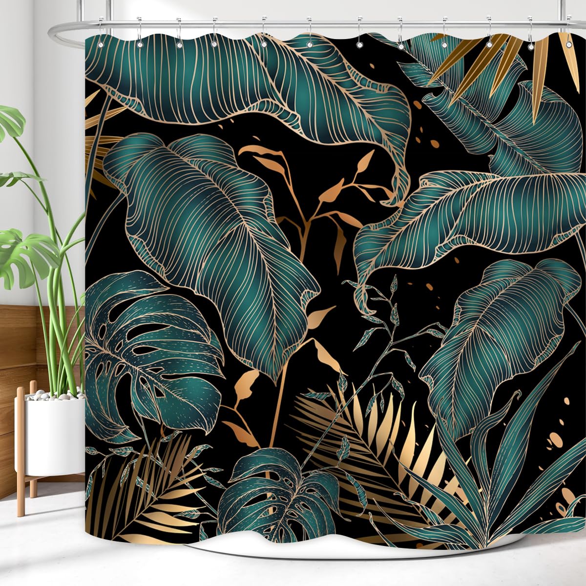 Zxmbf Green Gold Tropical Palm Leaves Shower Curtain Abstract Banana Leaf Modern Botanical Plant Nature Aesthetic Emerald Green