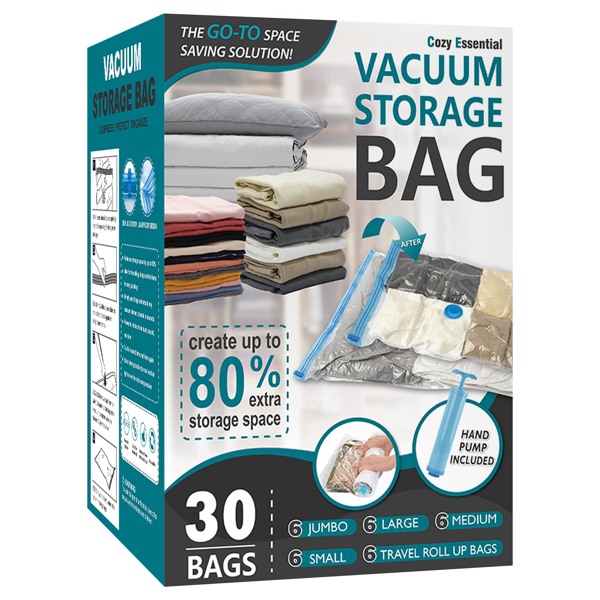 30 Pack Vacuum Storage Bags, Space Saver Bags (6 Jumbo/6 Large/6 Medium/6 Small/6 Roll) Compression Storage Bags For Comforters