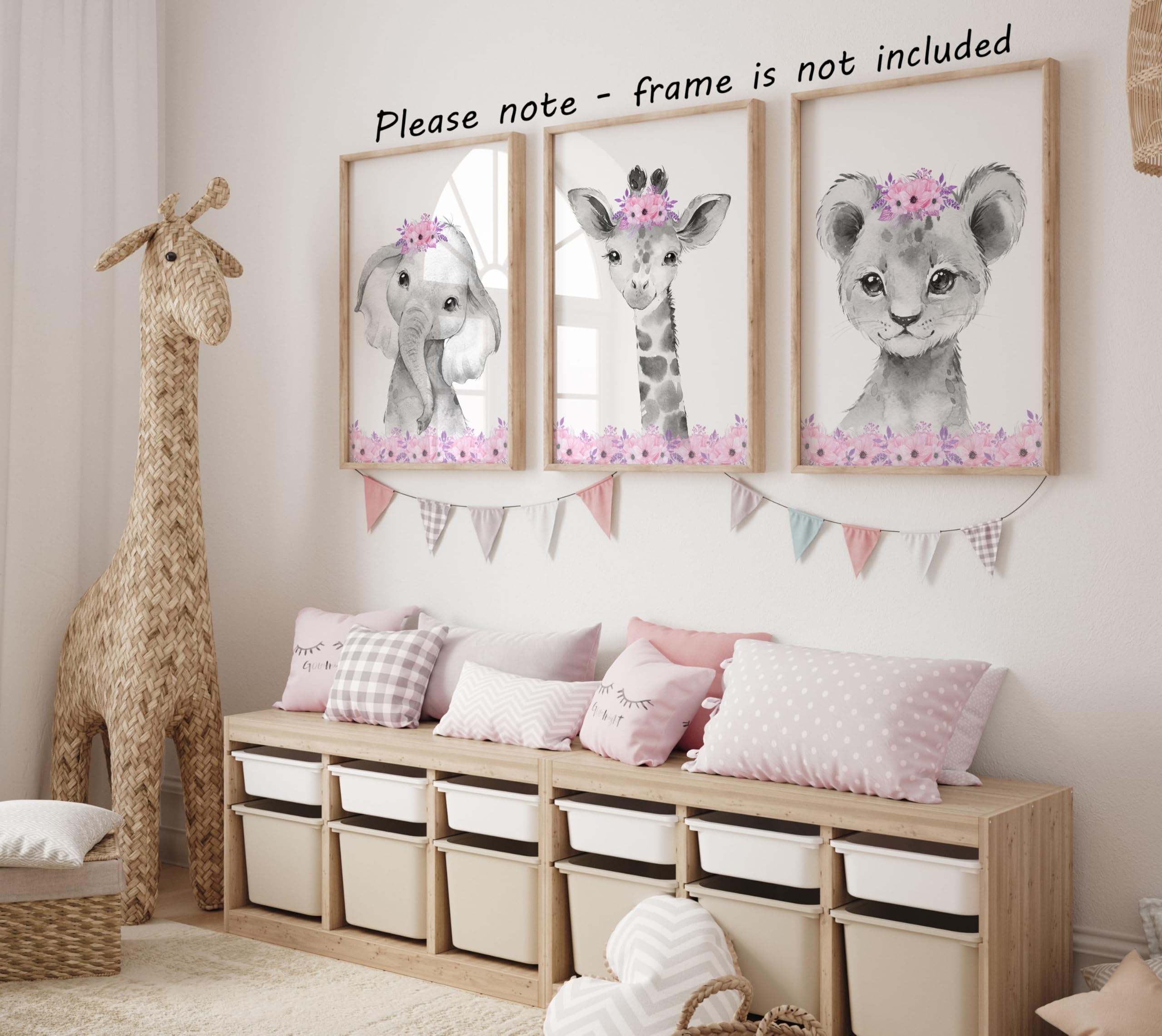 Safari Animals Baby Girls Nursery Set of 3 Unframed Wall Art Prints  Gray Baby Animals with Pink Flowers  Child Bedroom Nursery Decor Posters  Giraffe Elephant Lion (8x10)