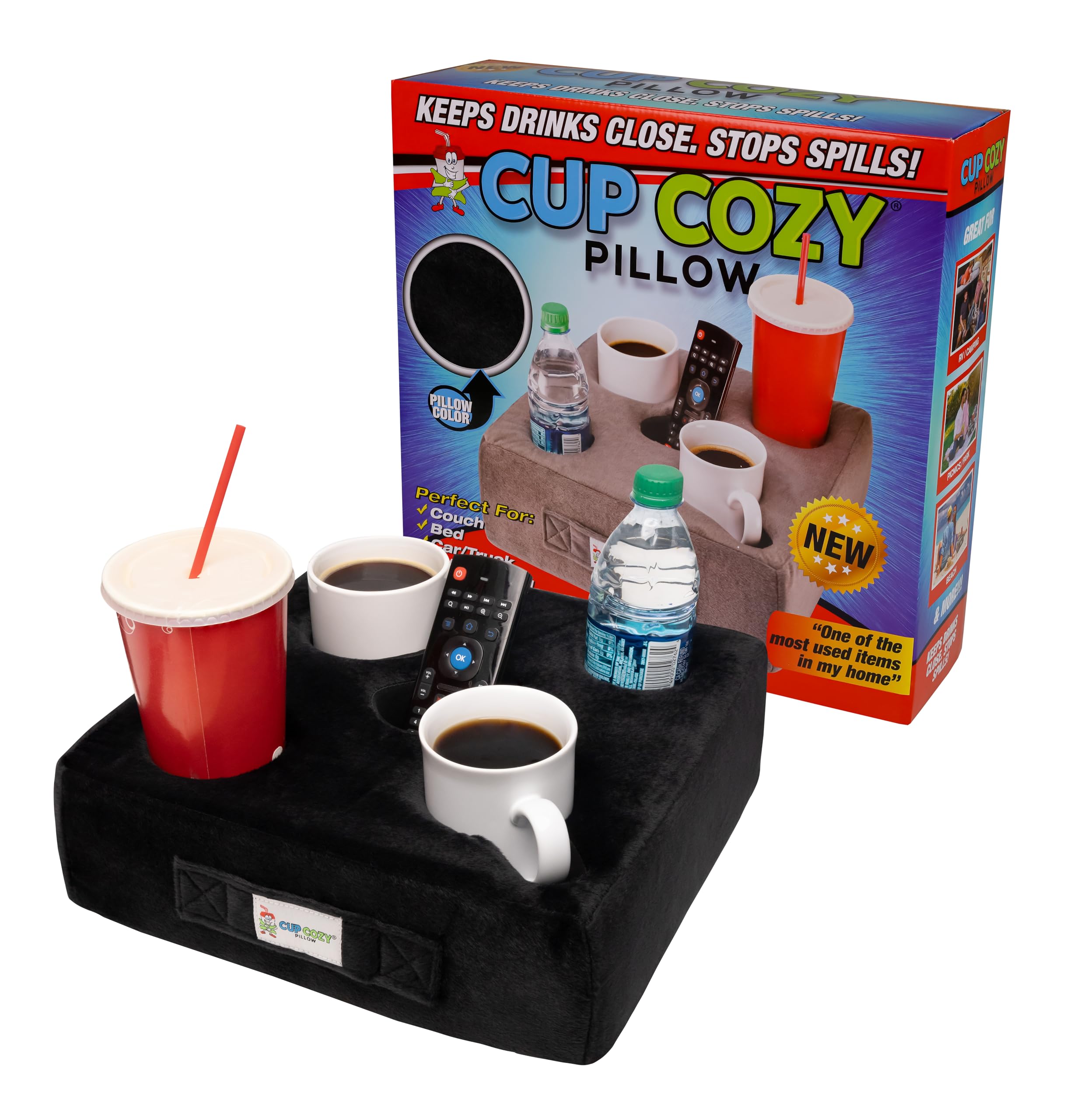 Cup Cozy Deluxe Pillow (Black)- As Seen On Tv-The World'S Best Cup Holder! Keep Your Drinks Close And Prevent Spills. Use It Any