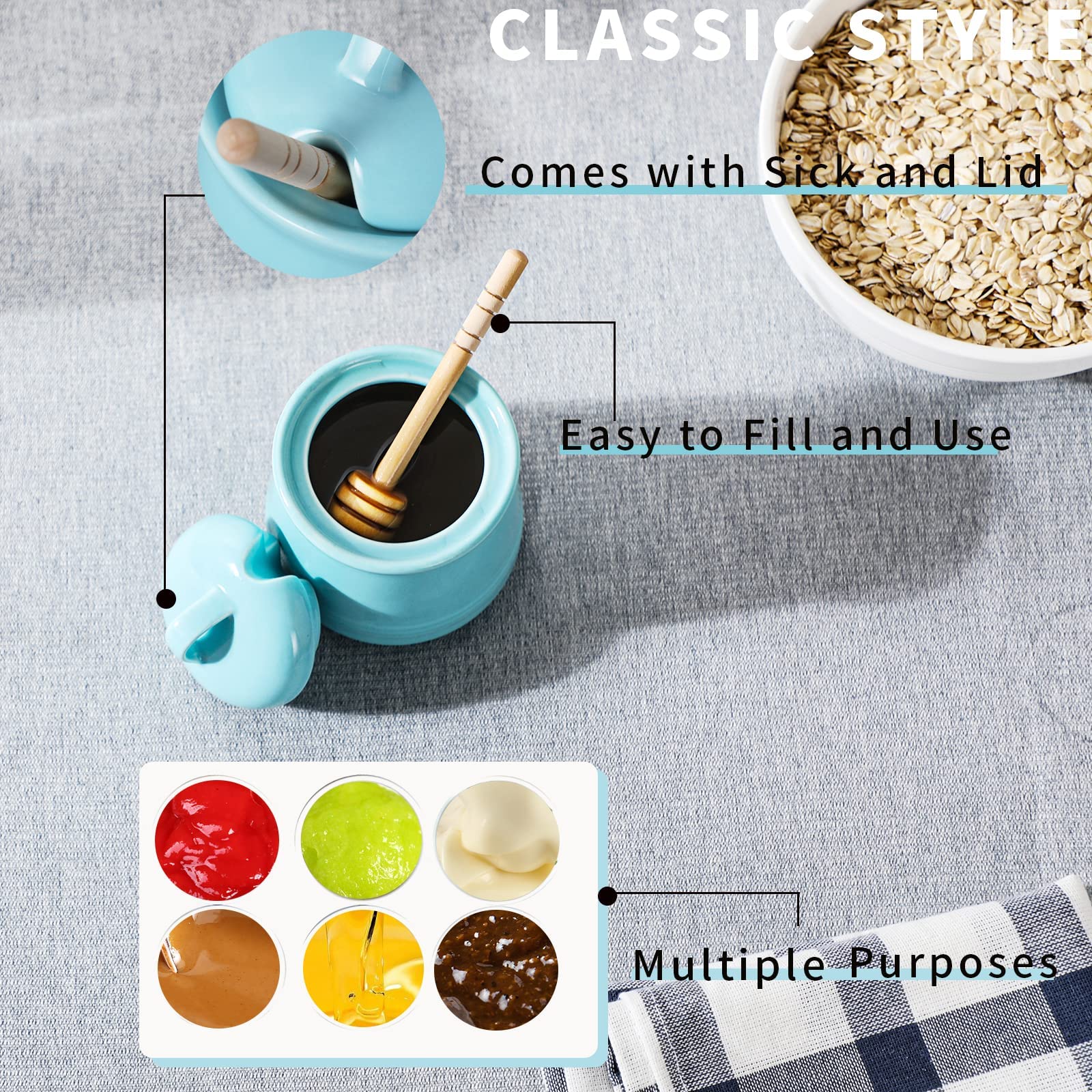 Haotop Ceramic Honey Pot With Lid And Honey Dipper,Porcelain Honey Jar Easy To Clean And Dishwasher Safe,12Oz (Blue)