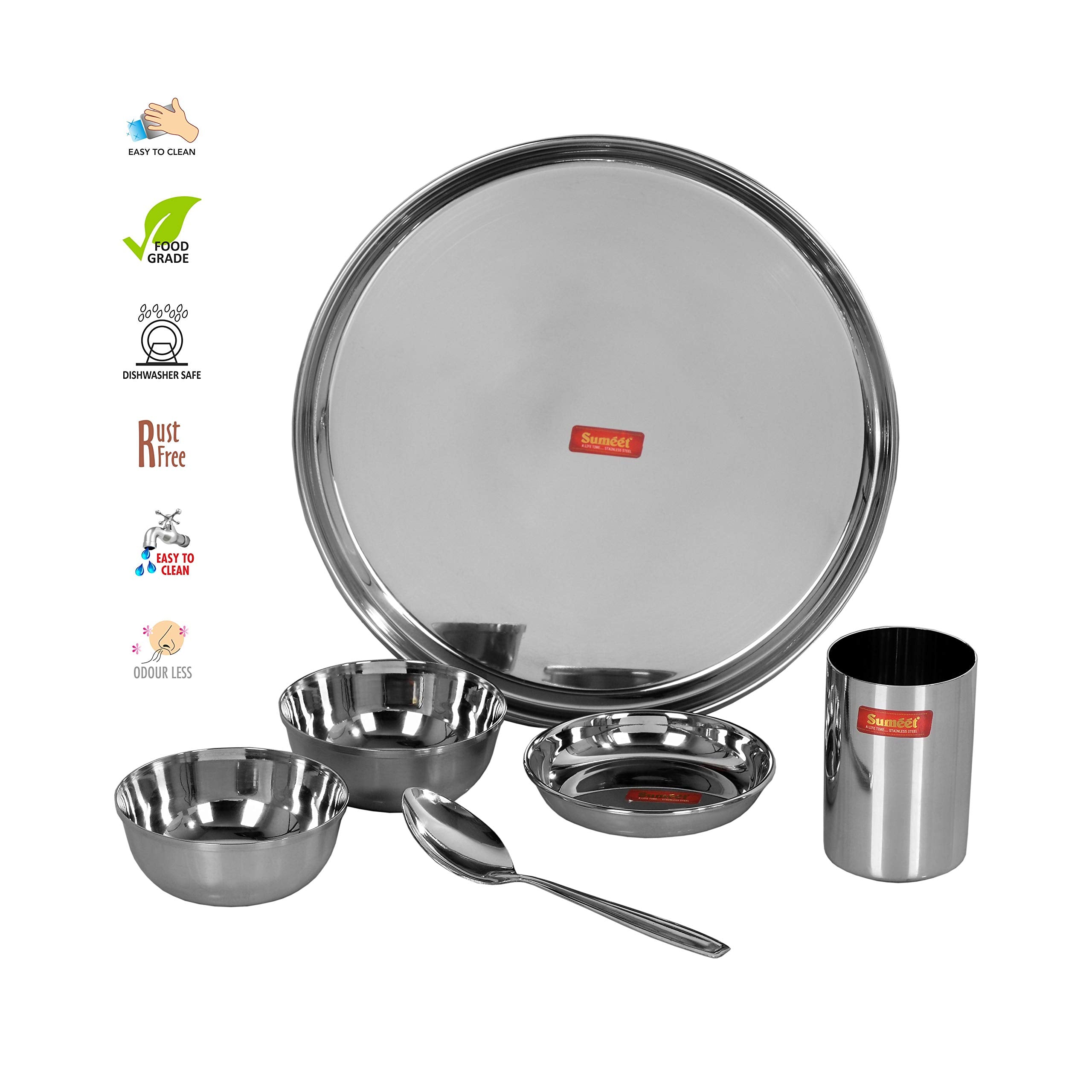 Sumeet Stainless Steel Heavy Gauge Mirror Finish Dinner Set Of 6 Pcs (1 Plate, 1 Small/Halwa Plate, 2 Bowl/Wati, 1 Glass, 1 Spoo