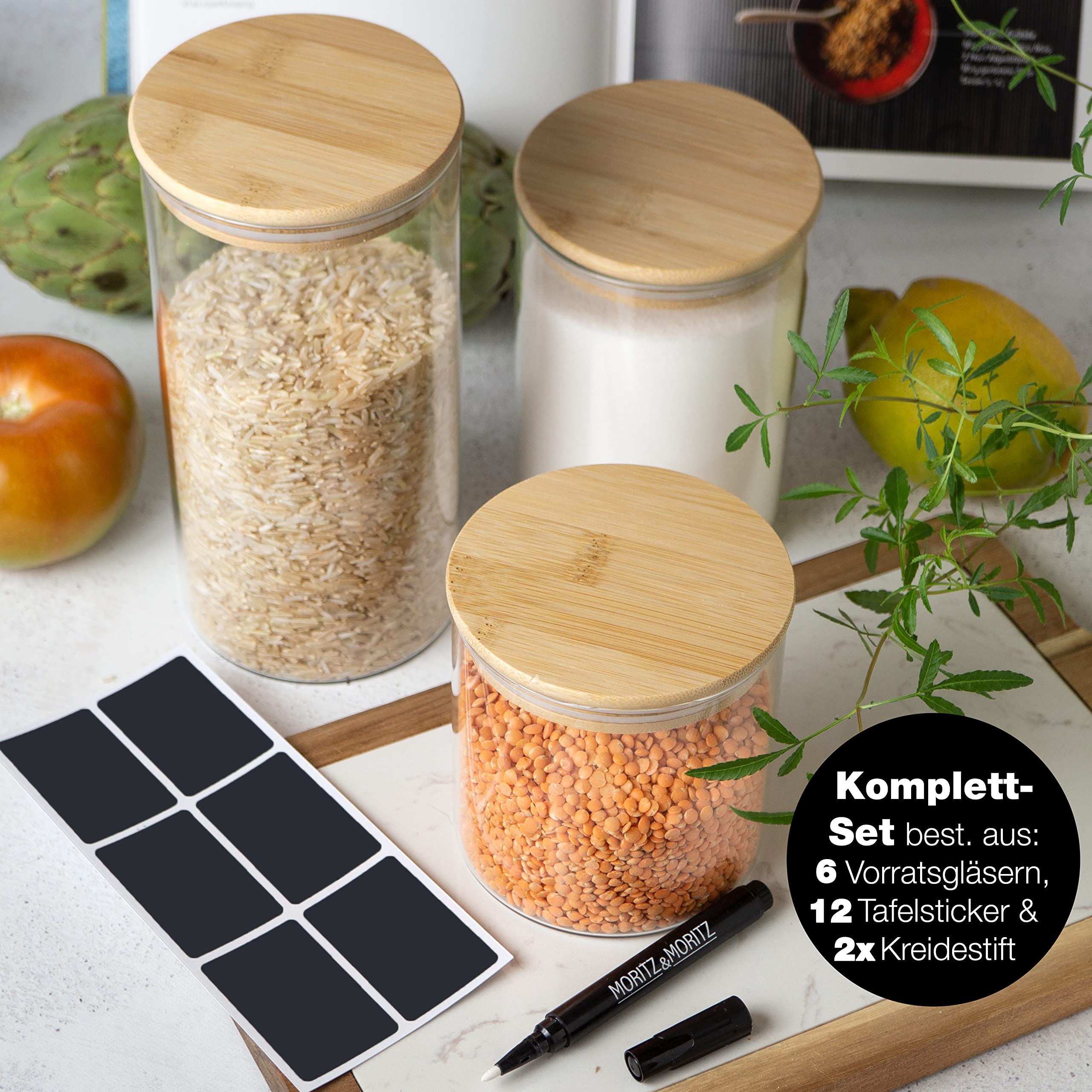 Moritz & Moritz 6 X Storage Jars With Lids, 2 X 1500 Ml, 2 X 750 Ml, 2 X 500 Ml, Glass Storage Jars With Lid Including Chalkboar