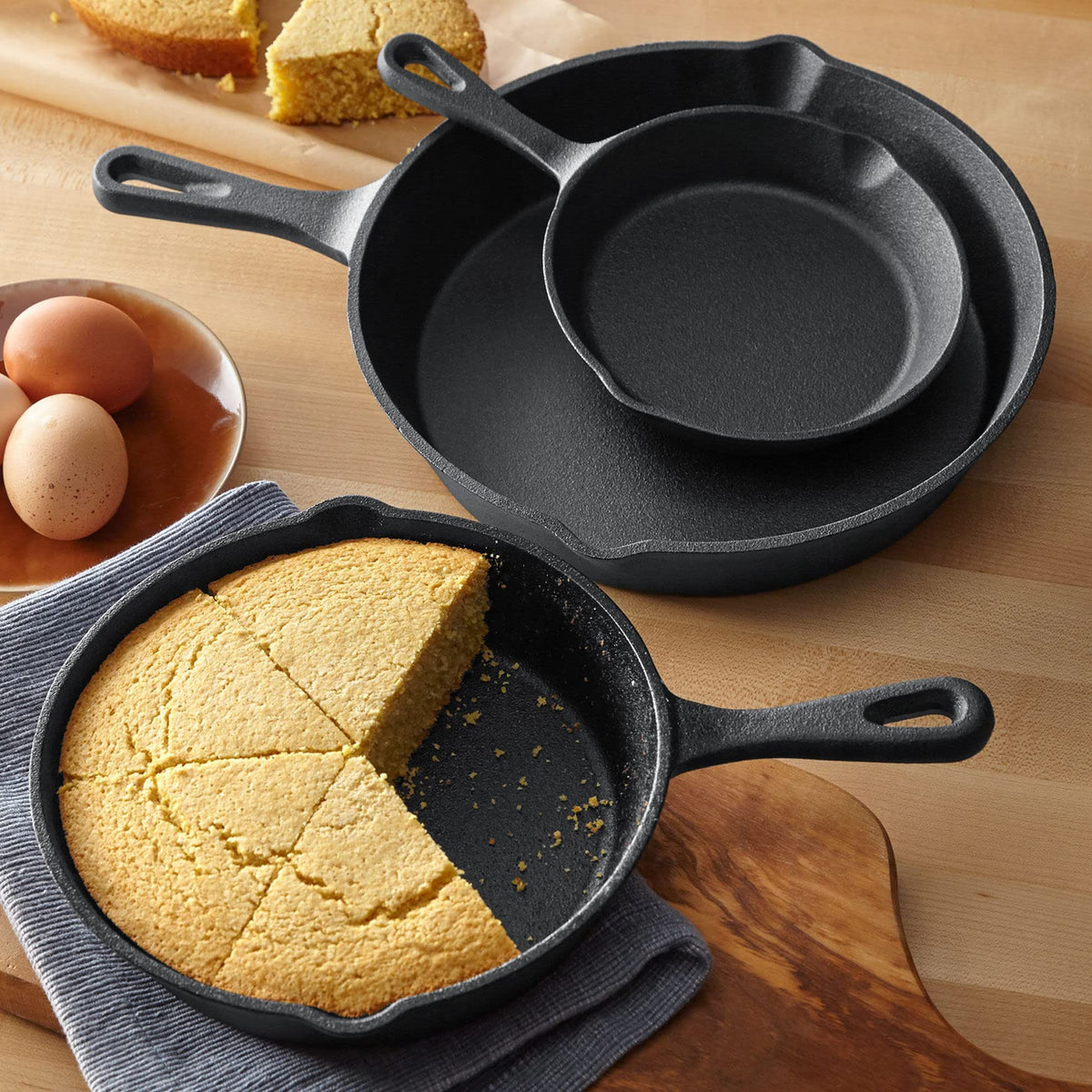 BrylaneHome 3 Piece Cast Iron Skillet Set Cookware Heavy-Duty Professional Quality Pan Cookware Set - 10'', 8'', 6'' Pans - Grea
