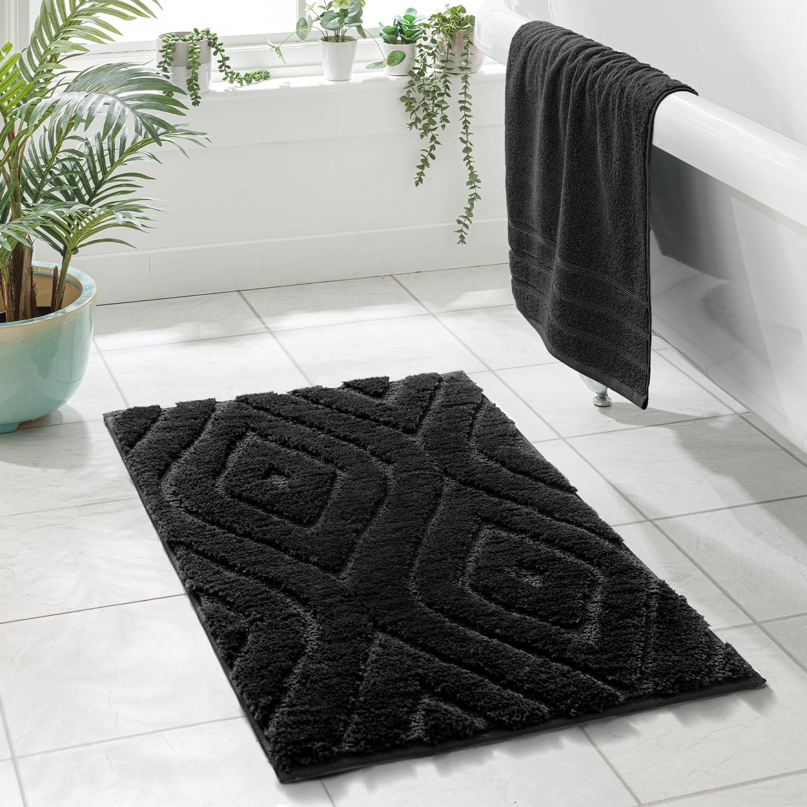 Dexde Black Bathroom Rugs Boho Bath Mat Non Slip Geometric Luxury Soft Washable Carpet For Bathroom Shower Kitchen Entryway Mode