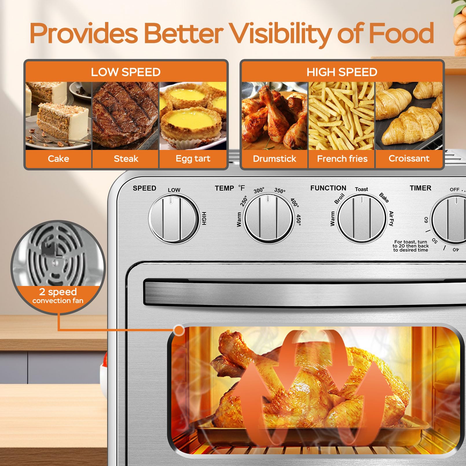 Geek Chef 16QT Convection Air Fryer Toaster Oven, Silver Stainless Steel, Oilless Cooker with Accessories & E-Recipes Included