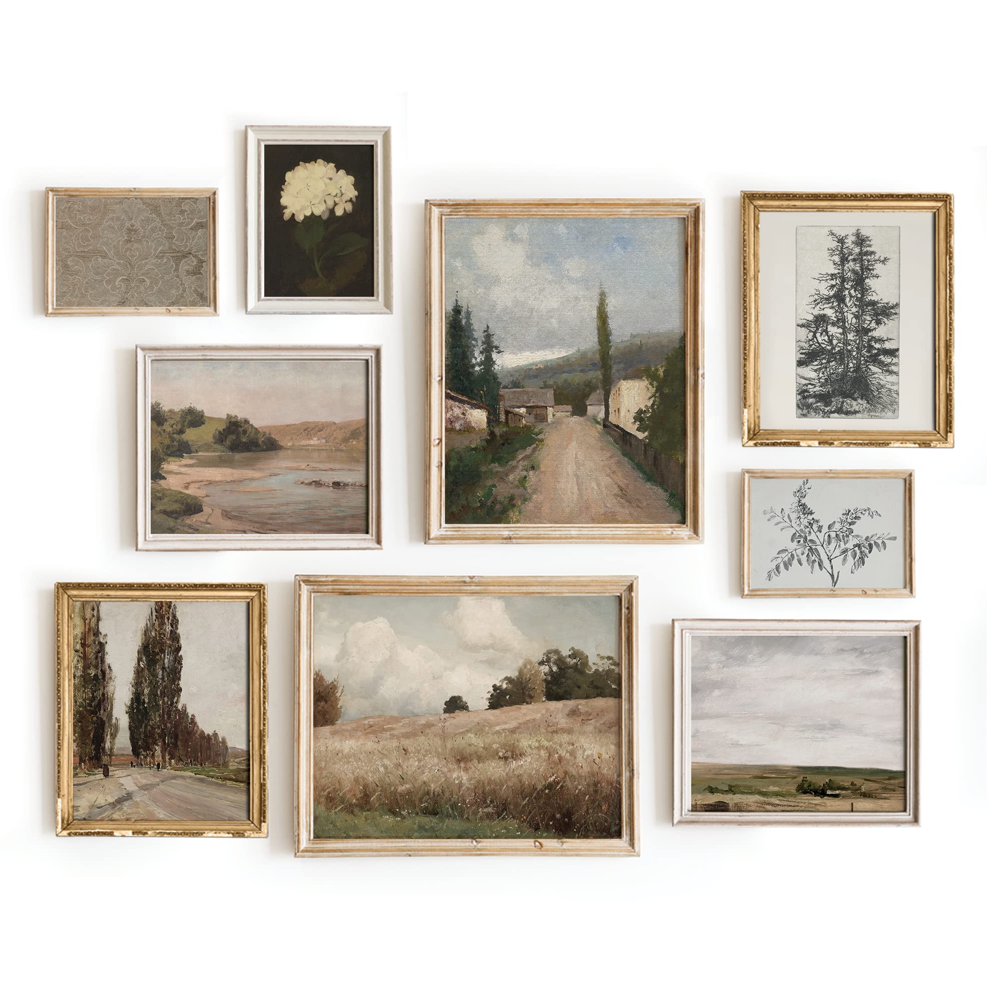 Vintage Landscape Wall Art - Set 9 French Country Vintage Antique Warm Aesthetic Gallery Wall Art, Sketch Poster Farmhouse Wall