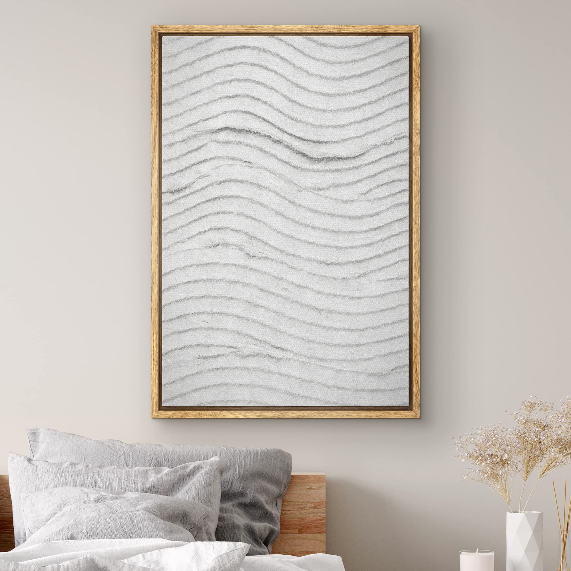 Signwin Framed Canvas Print Wall Art Grunge White Gray Minimal Wave Collage Abstract Shapes Digital Art Modern Art Decorative El