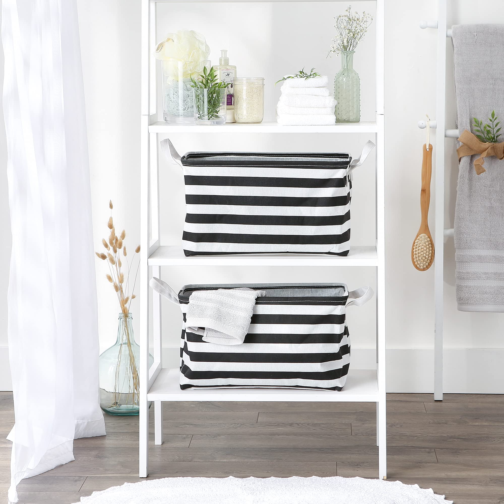 DII PE-Coated Cotton Polyester Laundry Bin Stripe Black Rectangle Large 10.5x17.5x10.5 (Set of 2)