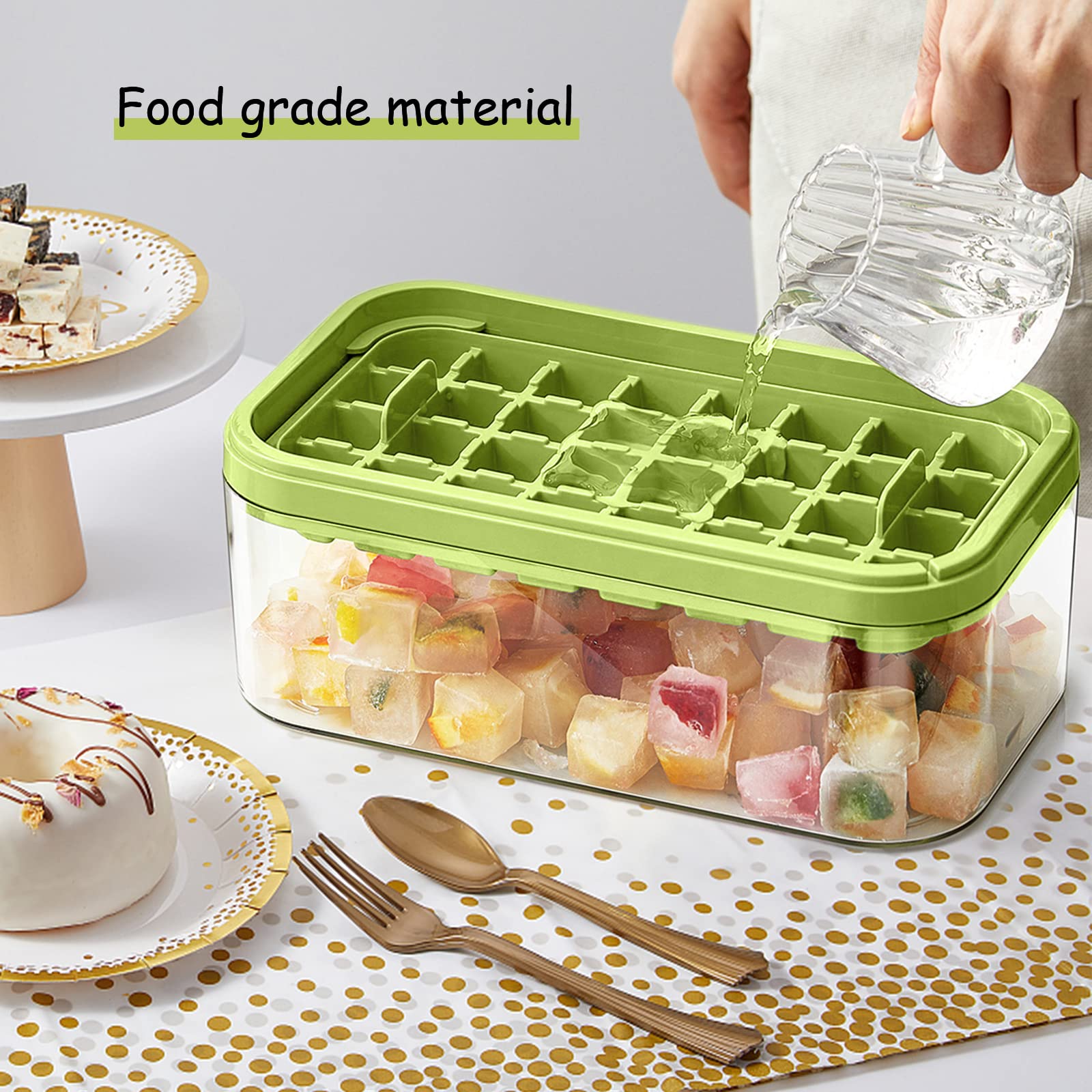 Ice Cube Tray With Lid And Bin, 2 Pack For Freezer, 64 Pcs Ice Cube Mold (Green)