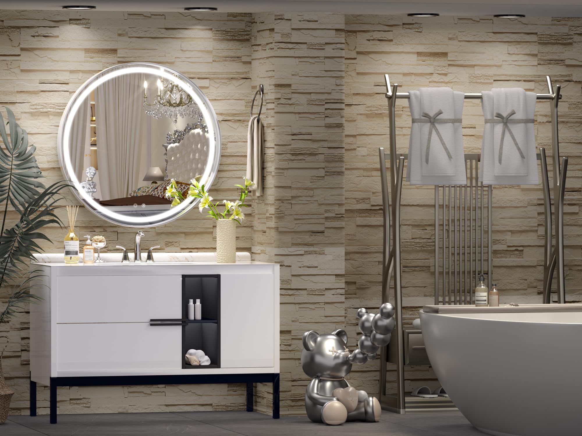 Hasipu 24 Round Led Mirror For Bathroom With Lights, Silver Circular Vanity Mirror For Wall, Metal Framed Frontlit Bathroom Mirr